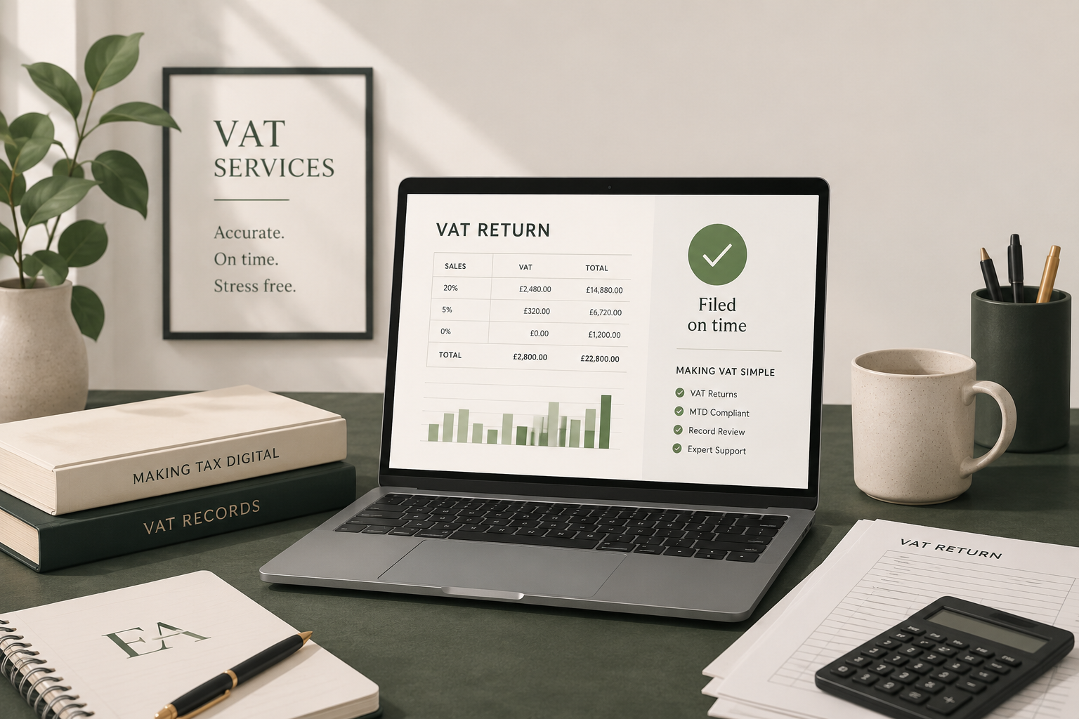 A workspace with a laptop displaying VAT return documents, books titled 'Making Tax Digital' and 'VAT Records,' a calculator, a notebook with an 'E4' logo, a pen, a coffee mug, a potted plant, and a framed sign reading 'VAT Services: Accurate, On time, Stress free.'