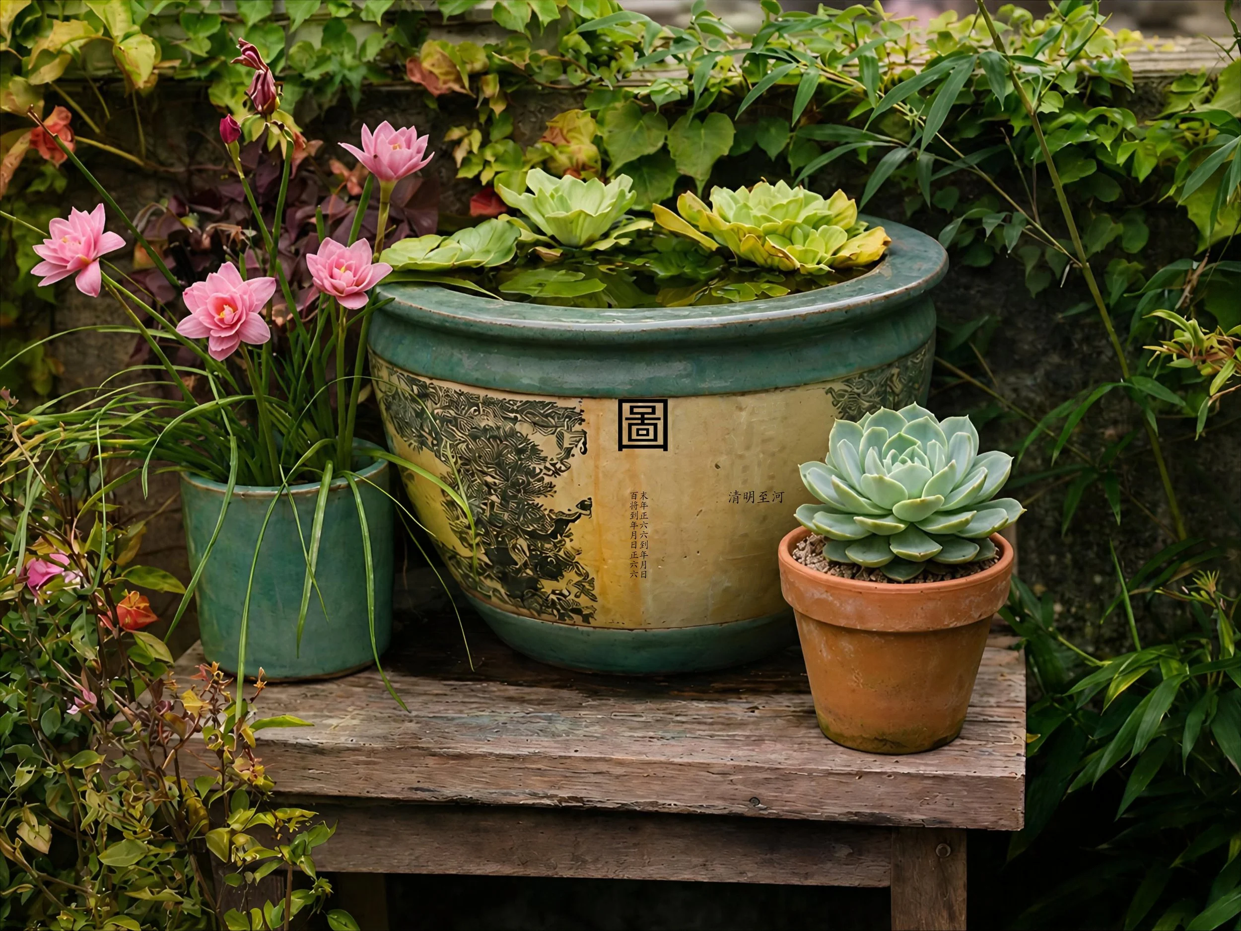 Container water feature with Pistia stratiotes, Zephyranthes rosea rain lilies, and potted Echeveria succulent. Photo TG