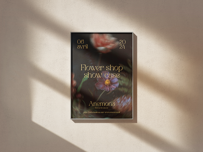 Affiche promotionnelle pour un marché de fleurs, date 06 avril 2024, avec une image floue de fleurs et du texte en français.