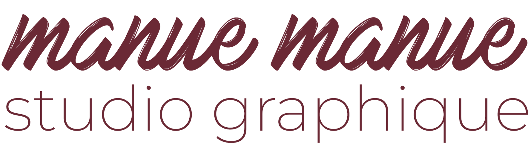 Logo de Manue Manu, studio graphique, en lettres cursives roses foncées avec fond transparent.