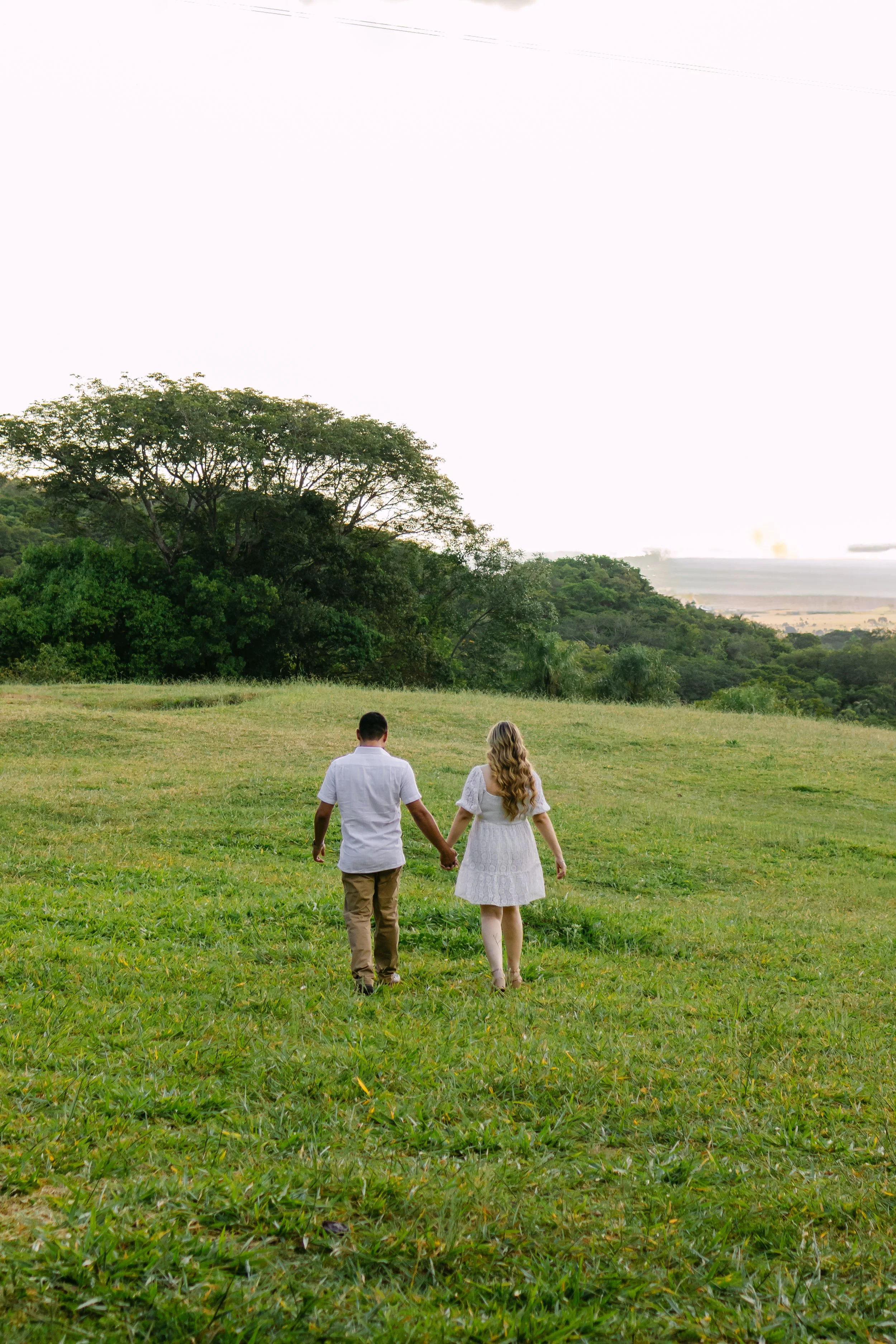 Pareja caminando por el campo, de espaldas, sosteniéndose de la mano, con árboles y paisaje rural al fondo.