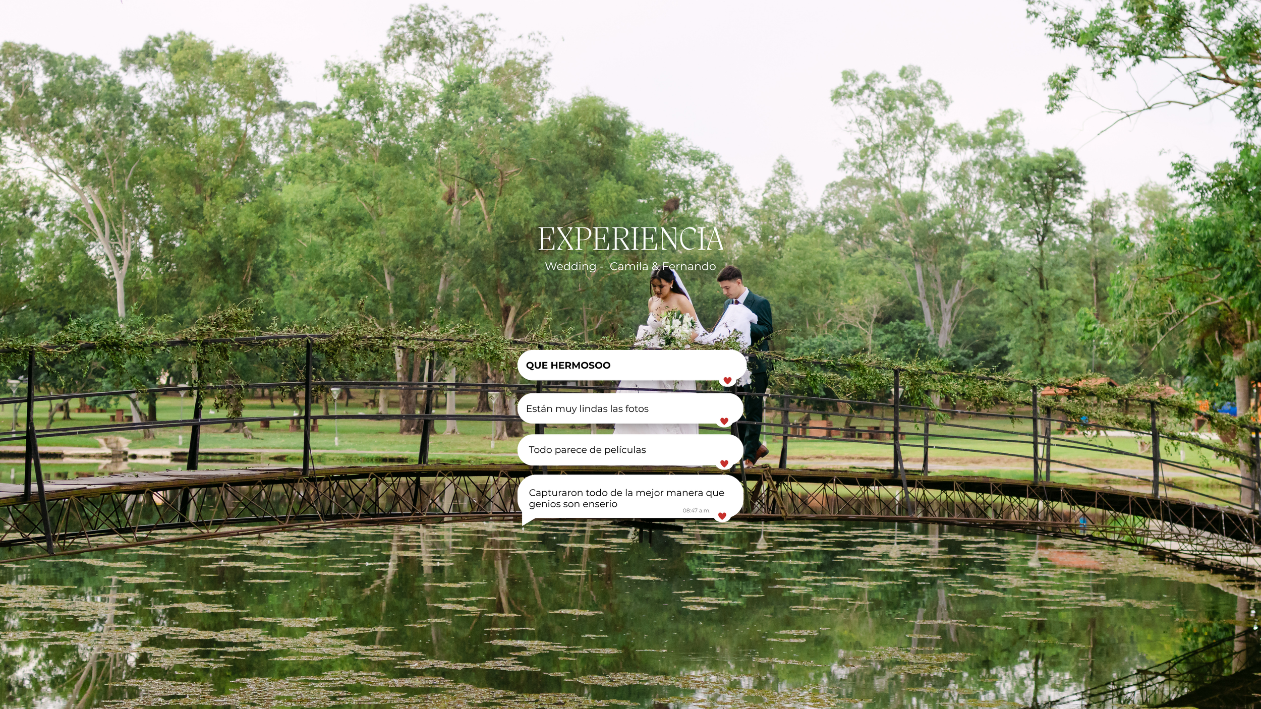Pareja de novios en un puente en medio de un parque con árboles verdes, reflejados en un cuerpo de agua, en una escena de boda, con comentarios sobre fotos y experiencia.