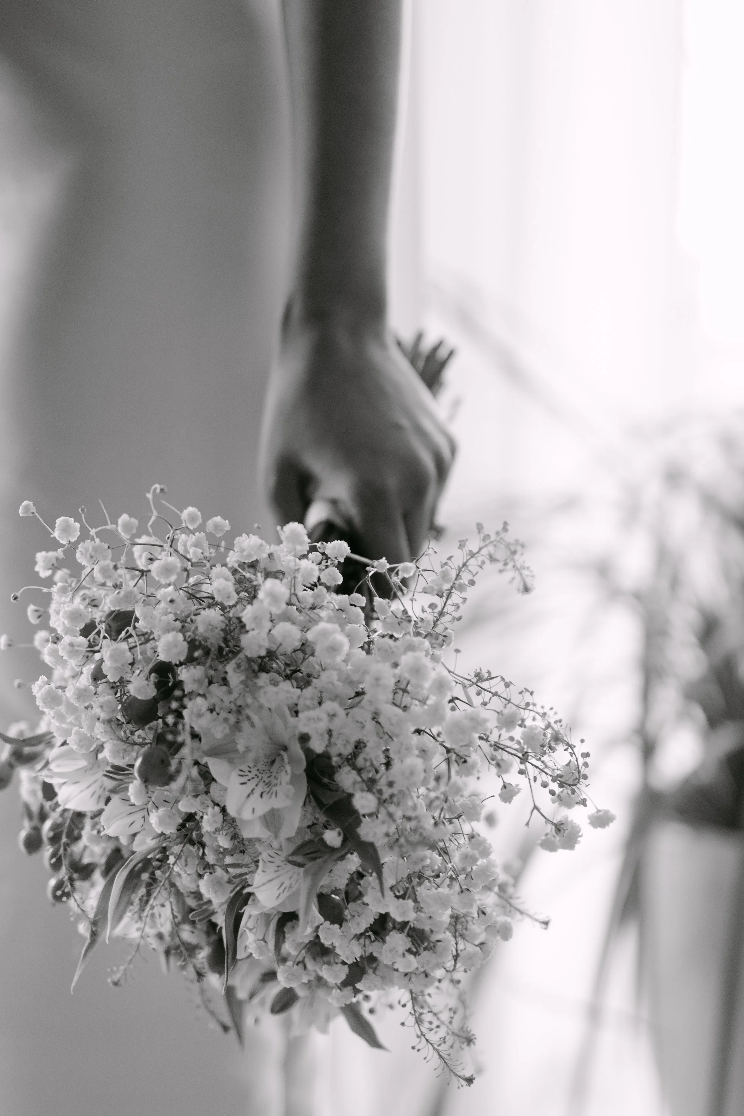 Ramo de flores en blanco y negro, con una mano alcanzándolo, fondo borroso con luz suave.