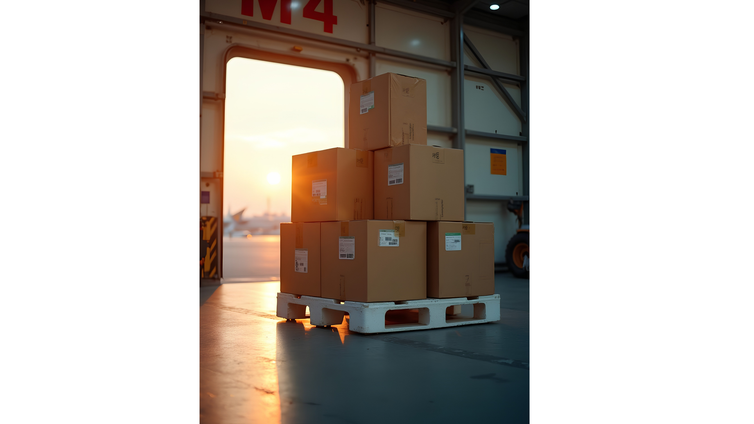 Boxes stacked on a pallet inside an airplane cargo hold with the sunset outside.