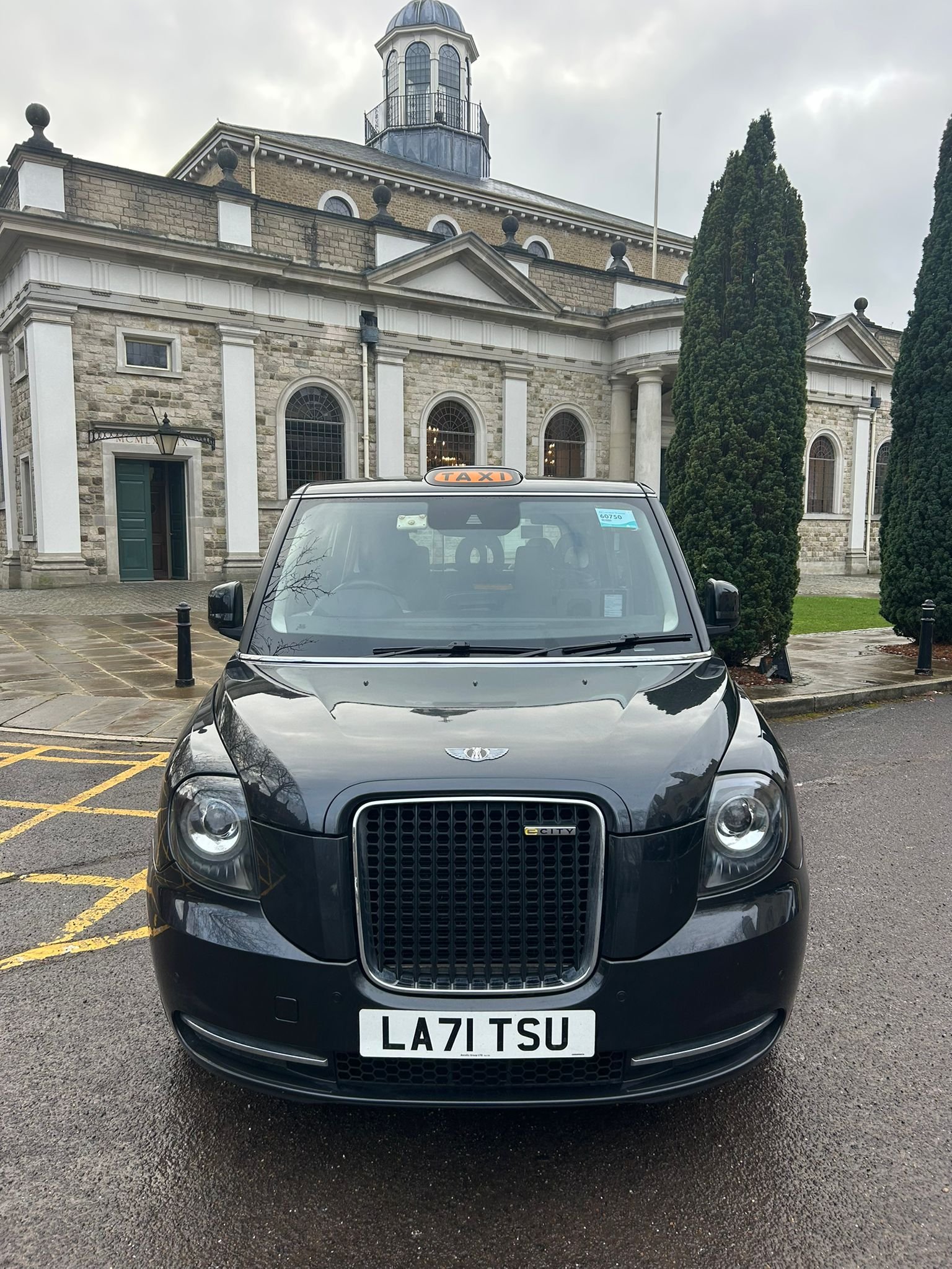 Black taxi vehicle parked in front of a historic building with tall trees and cloudy sky.