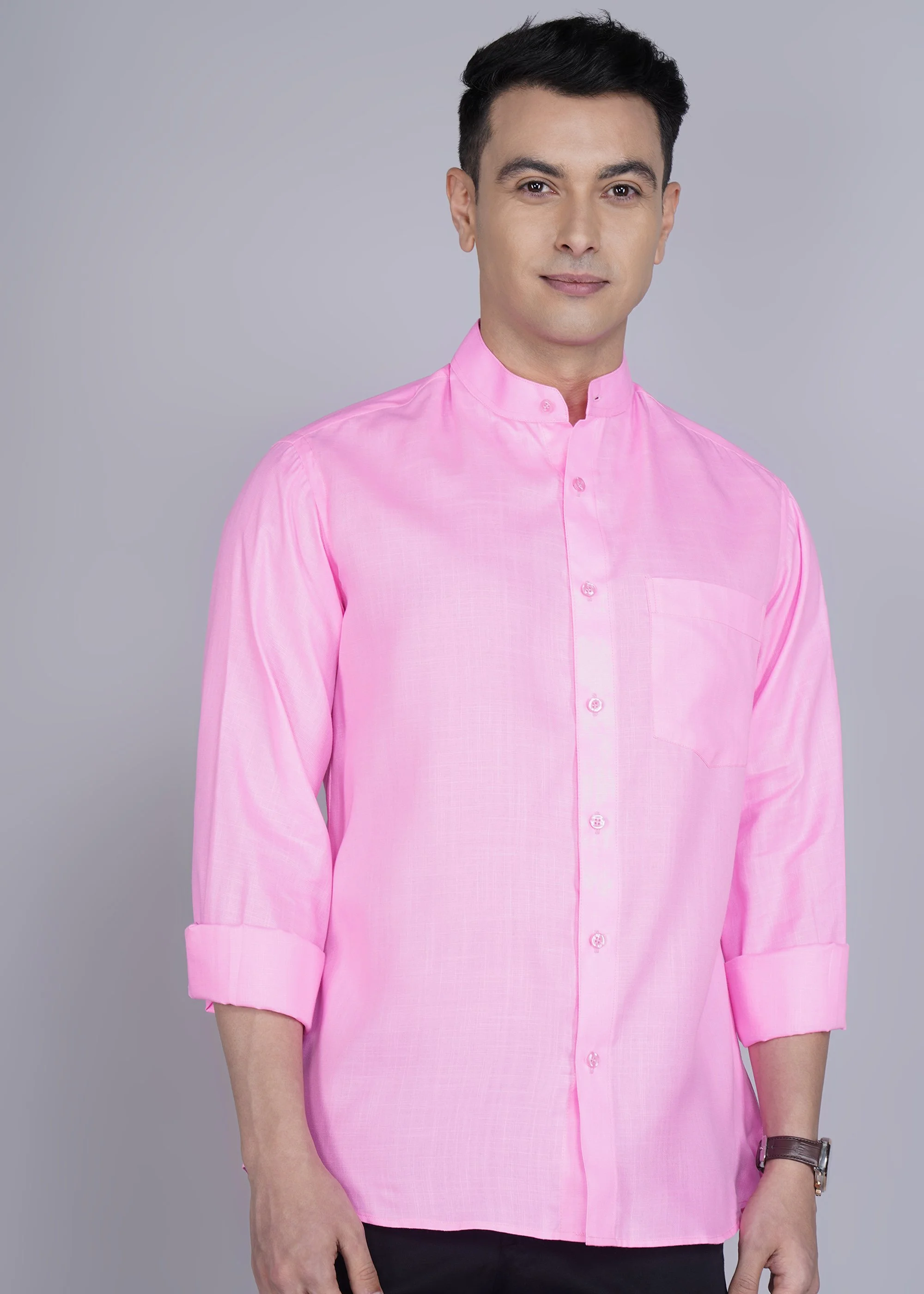 Vibrant Pink Mandarin Collar Shirt