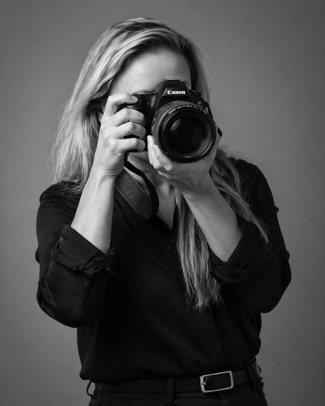 Woman with long hair taking a photo with a Canon DSLR camera, posing against a plain background.