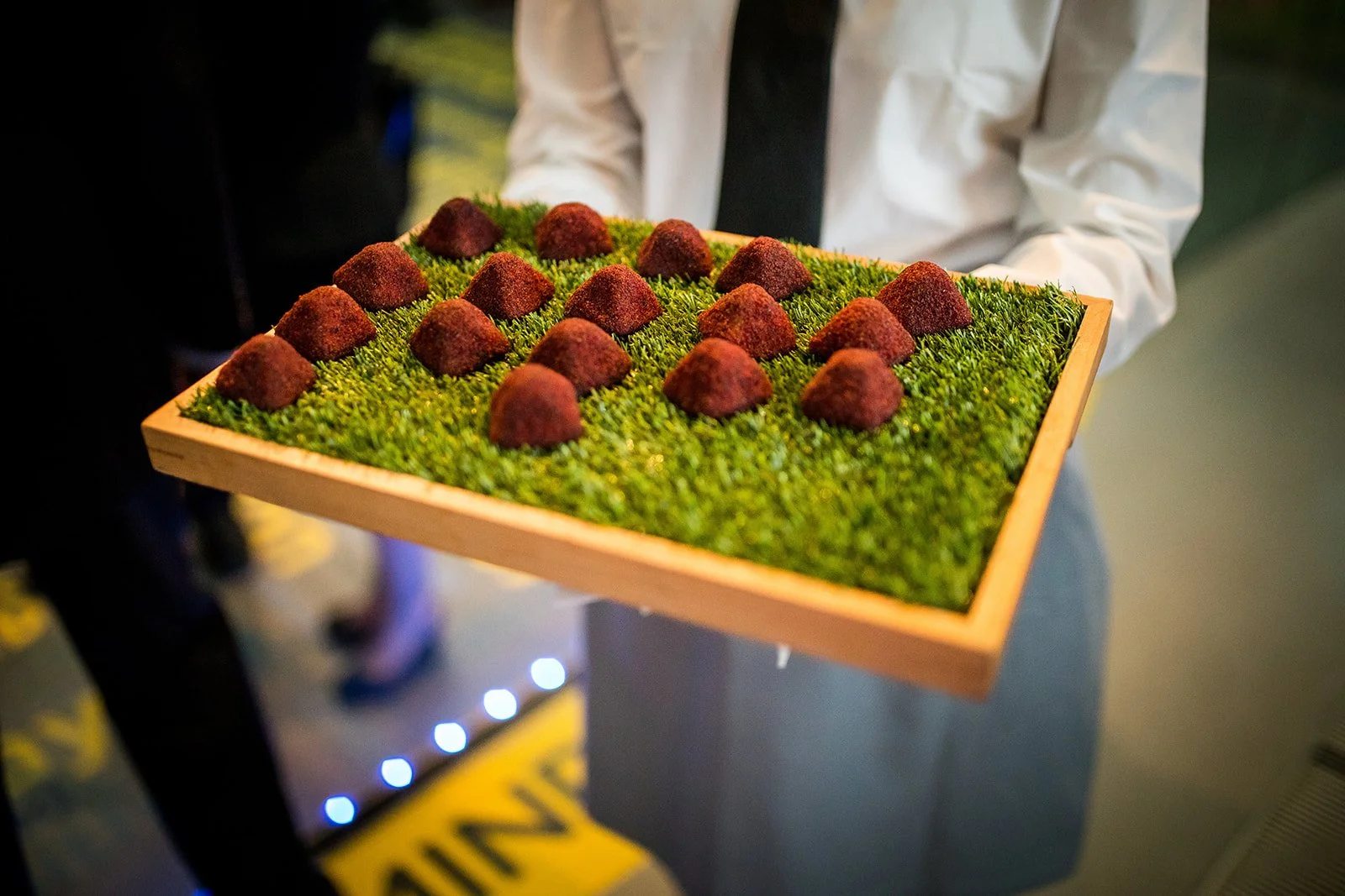 Person holding a tray of small, round, red food items on a green grassy surface.