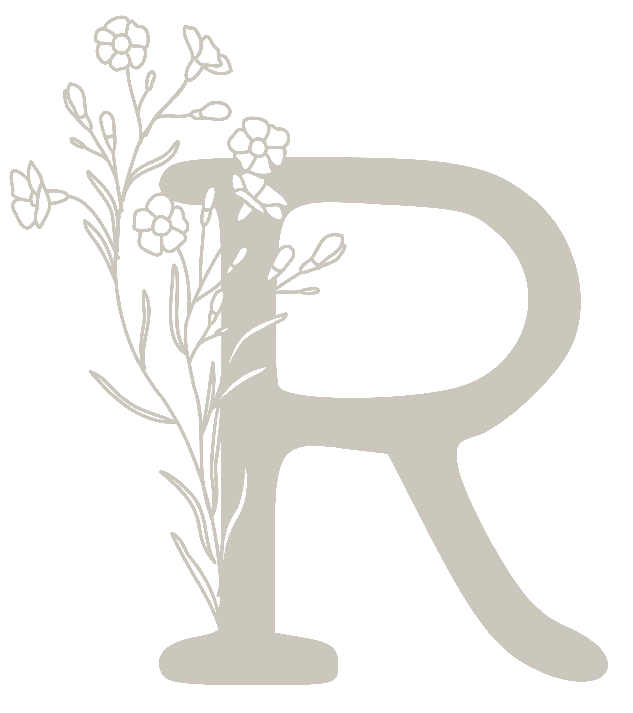 A large letter R with floral design around it, on a black background.