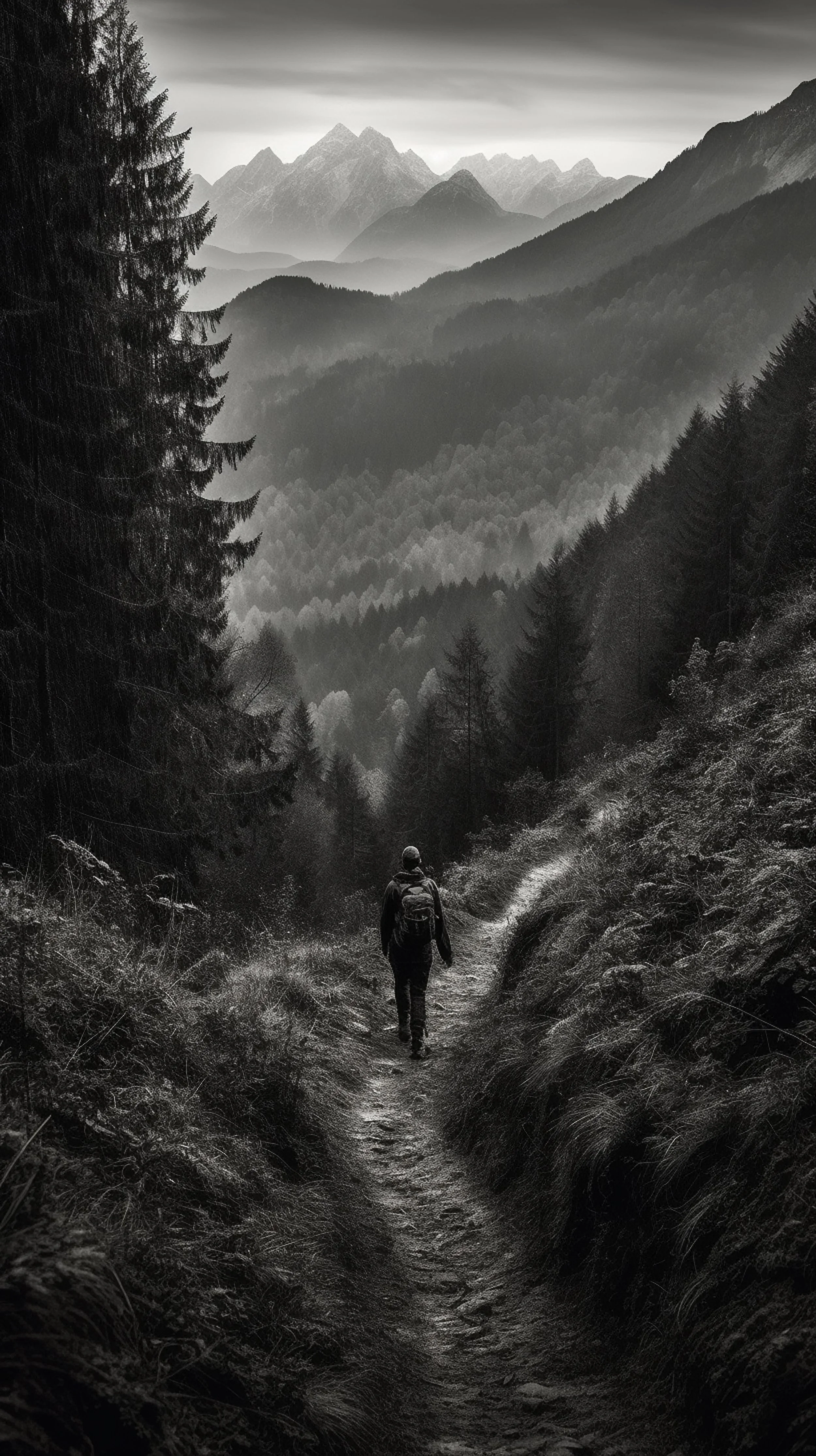 A person hiking on a trail through a mountainous forest landscape in black and white.