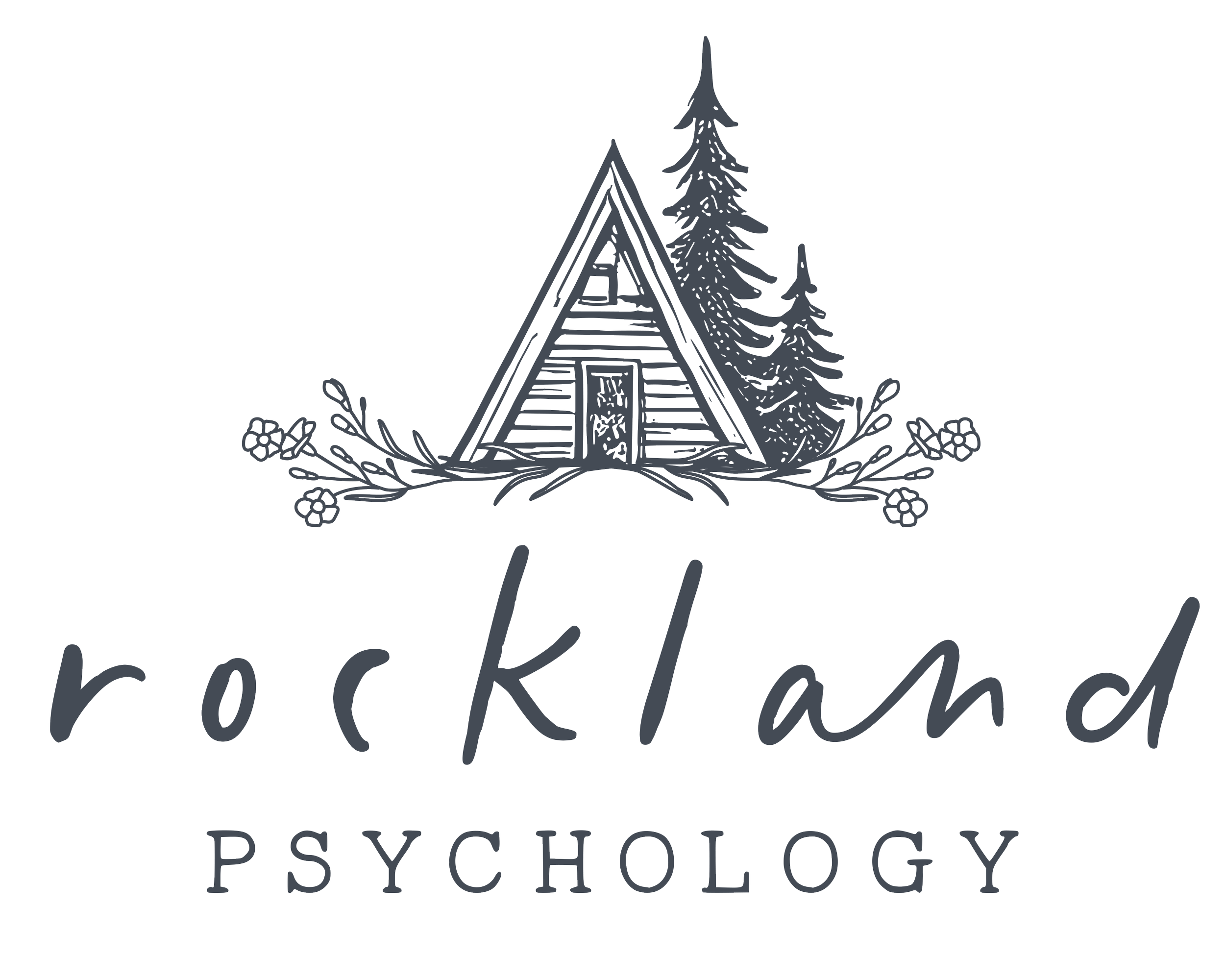 Logo for Rockland Psychology featuring a hand-drawn A-frame cabin with trees and pinecones.