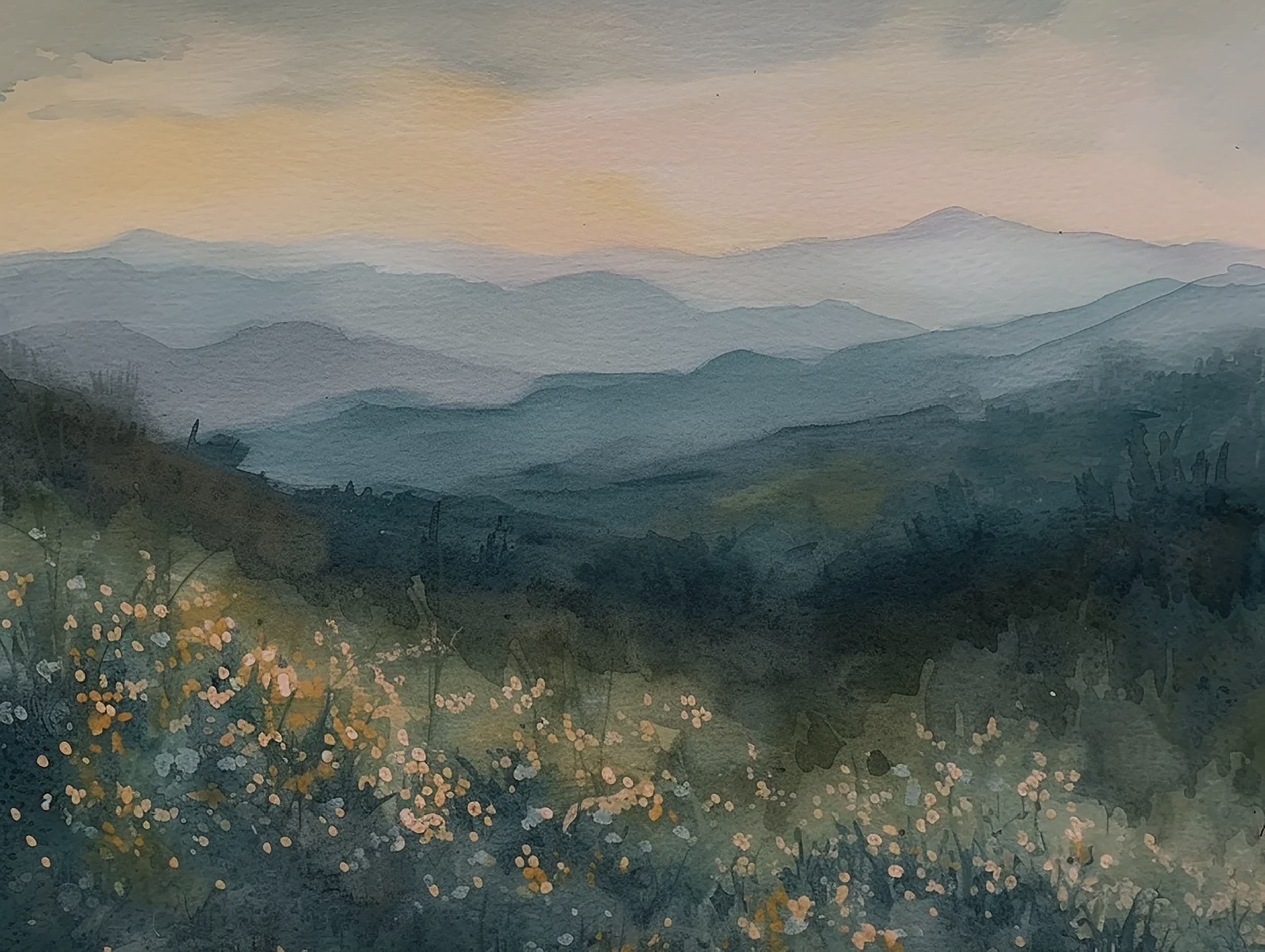 Watercolor painting of a mountain landscape with rolling blue-green hills and a sky at dawn or dusk, with delicate flowers in the foreground.