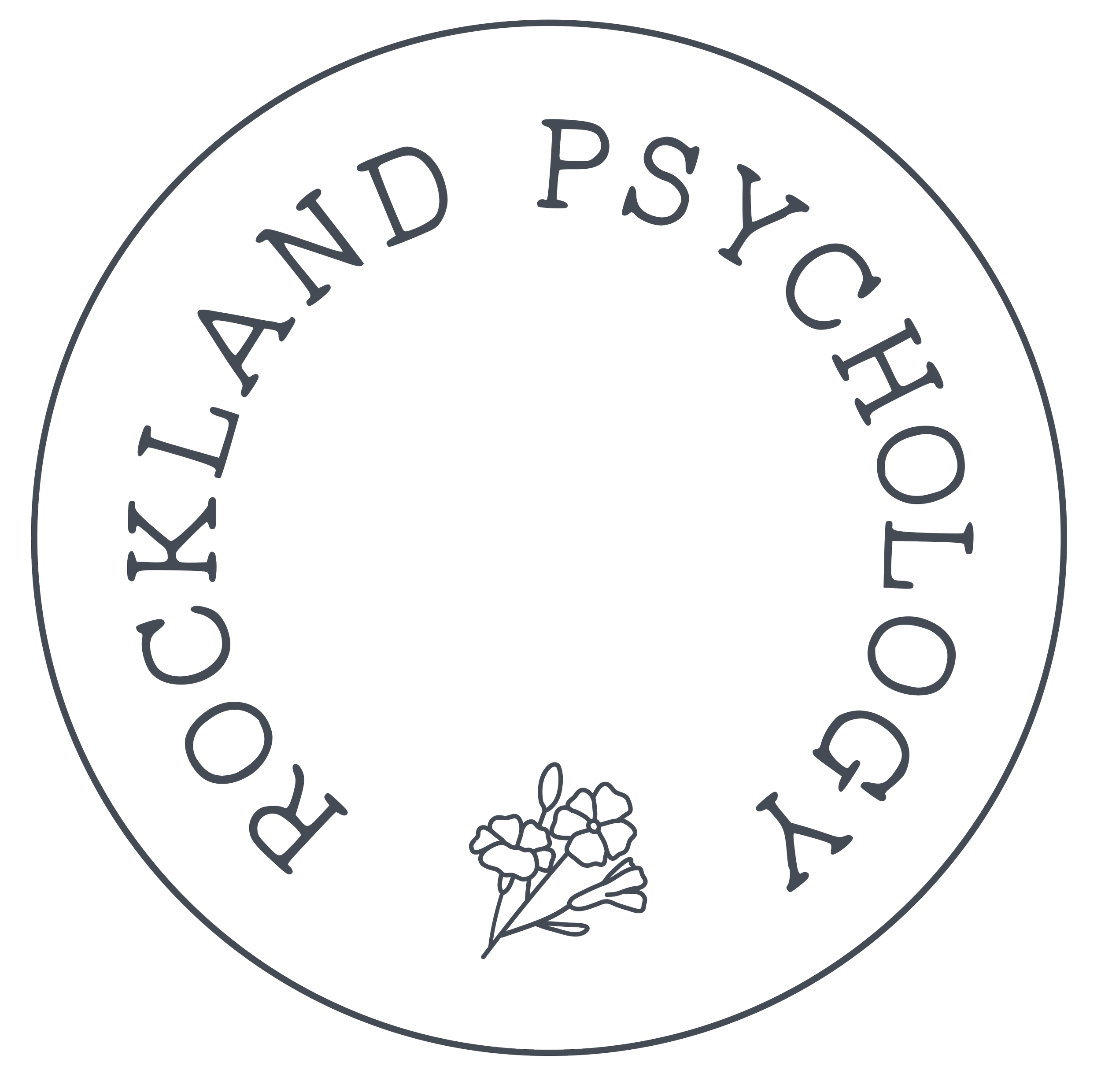 Circle logo with the text 'FOCKLAAND PSYCHOLOGY' around the edge and a small flower illustration at the bottom.