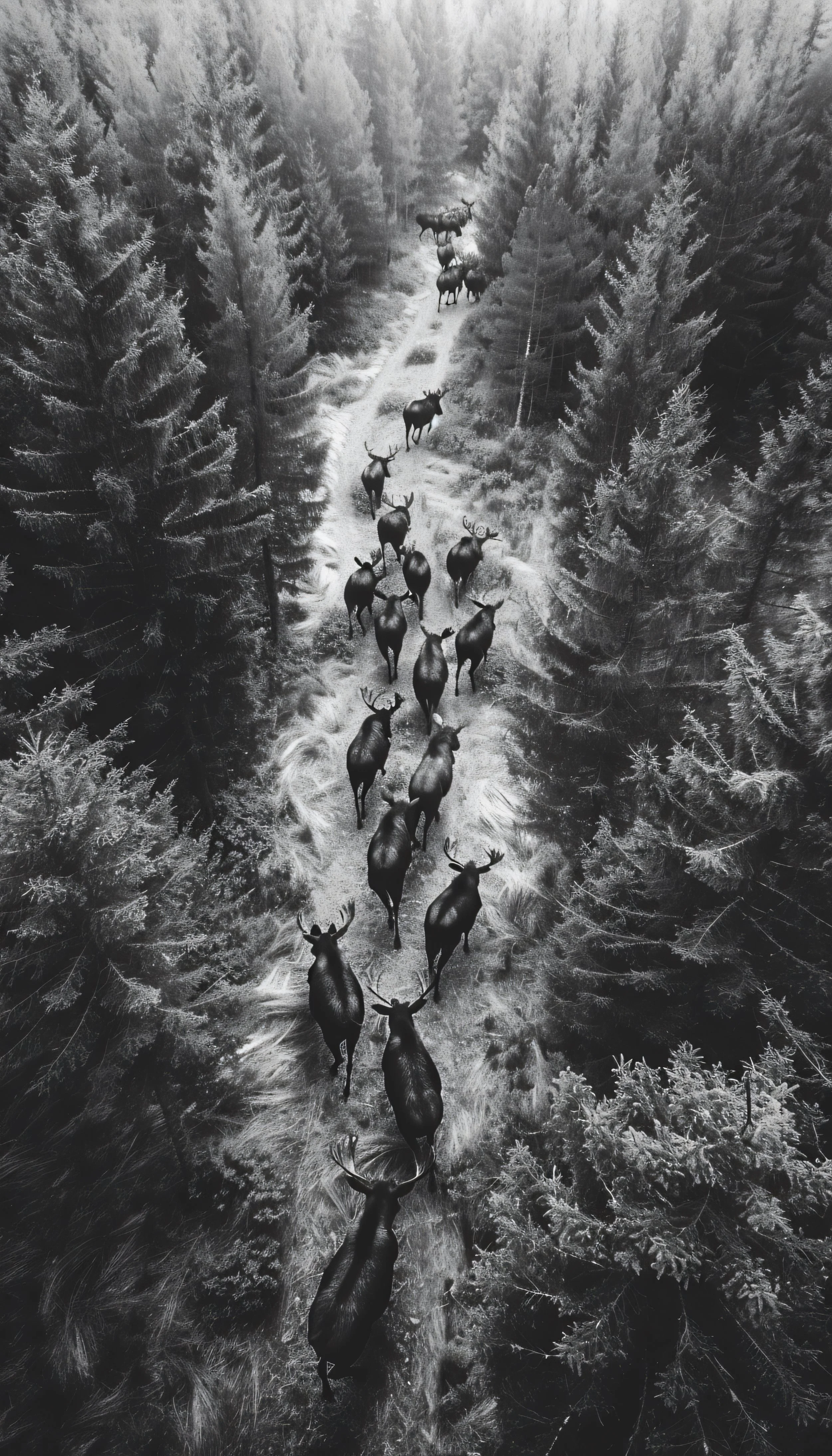 Black and white aerial view of a forest with a dirt road running through the center, and a line of moose walking along the road.