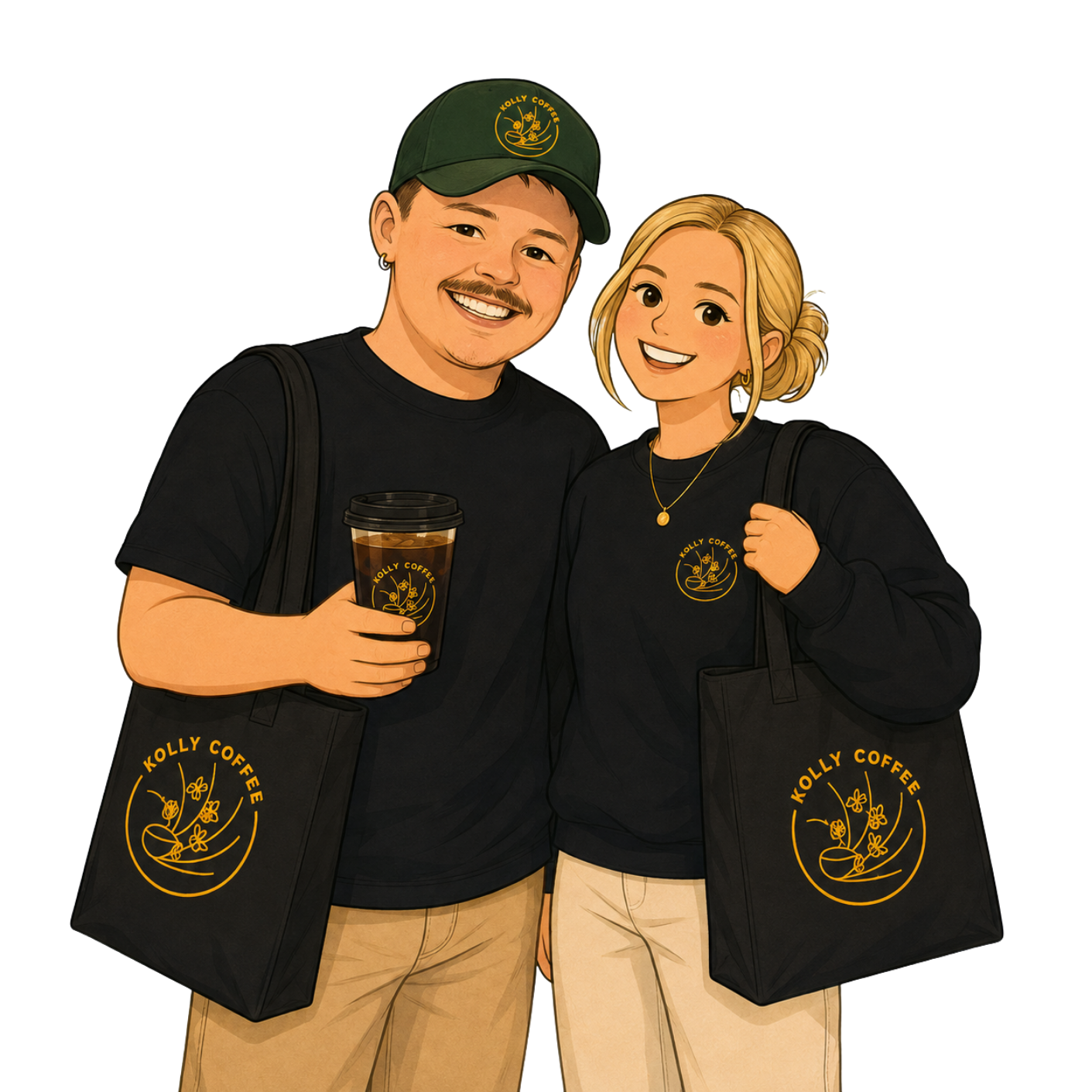 Illustration of a man and woman smiling and posing together, each wearing black shirts and carrying tote bags with the 'Kolly Coffee' logo. The man is holding a cup of coffee and wearing a green cap, while the woman has her arm around the man's shoulder.