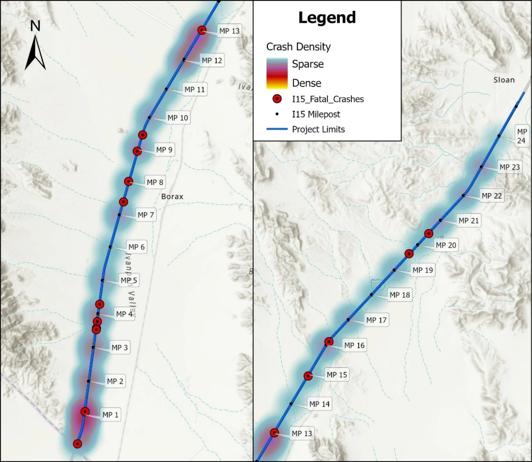 Heat map depicting the five-year crash data. Crash hot spots occur near the Jean and Primm interchanges. The segment exceeds statewide crash rates for incapacitating and overall injury crashes.