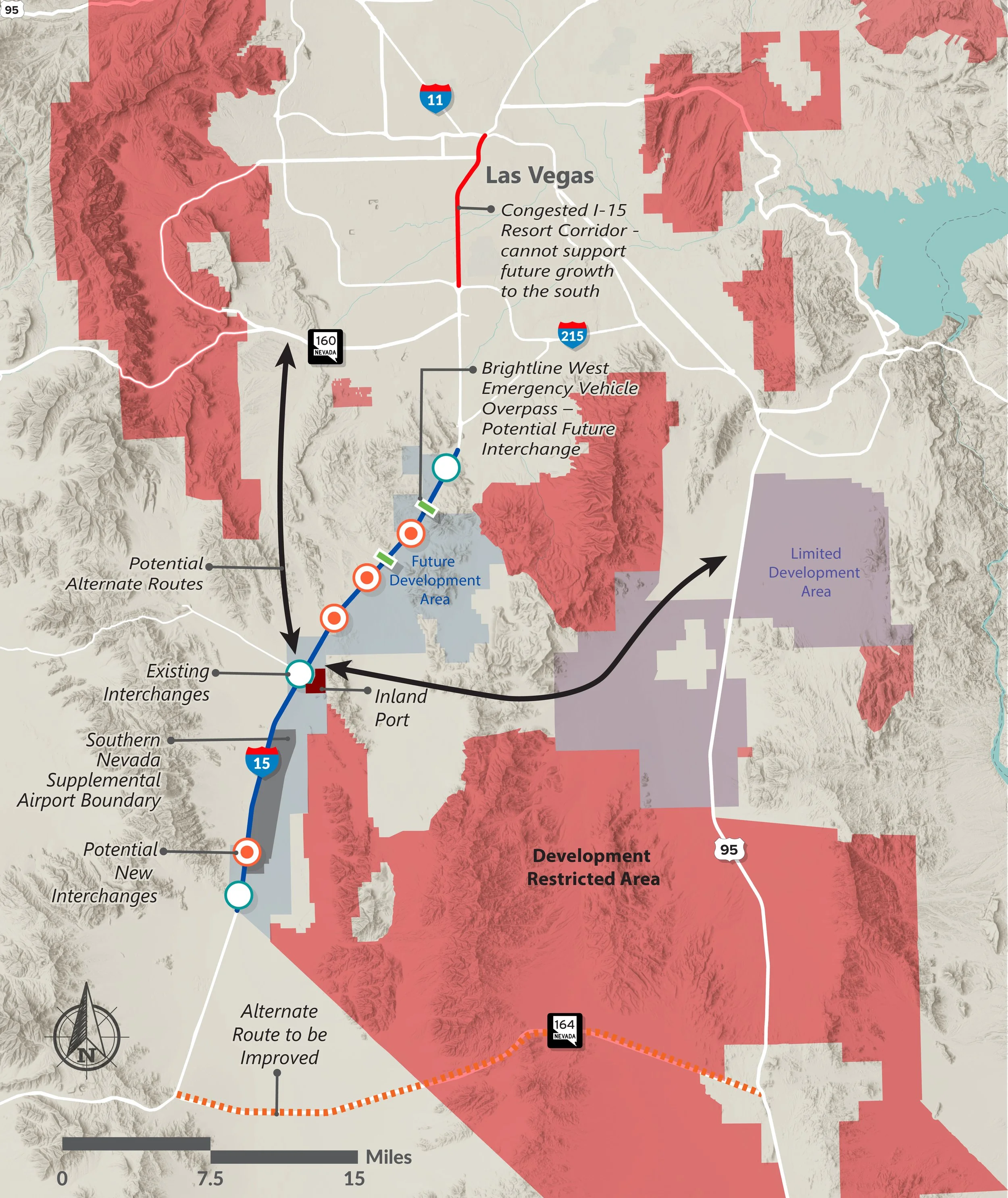 Map of I-15 south of Las Vegas showing development constraints, including restricted areas, limited development areas, existing and potential interchanges, alternate routes, an inland port, and the congested I-15 Resort Corridor.