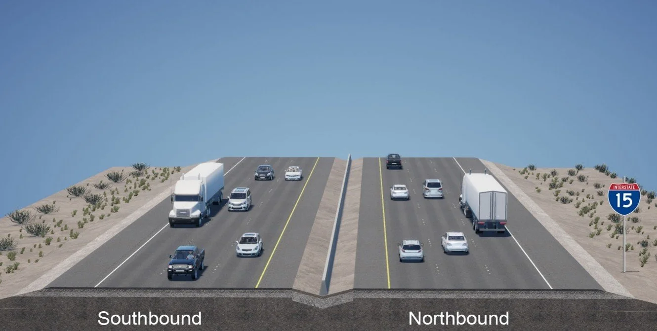 Cross section rendering of existing I-15 corridor, showing three travel lanes in each direction between the California–Nevada state line and the I-15/Sloan Road interchange.