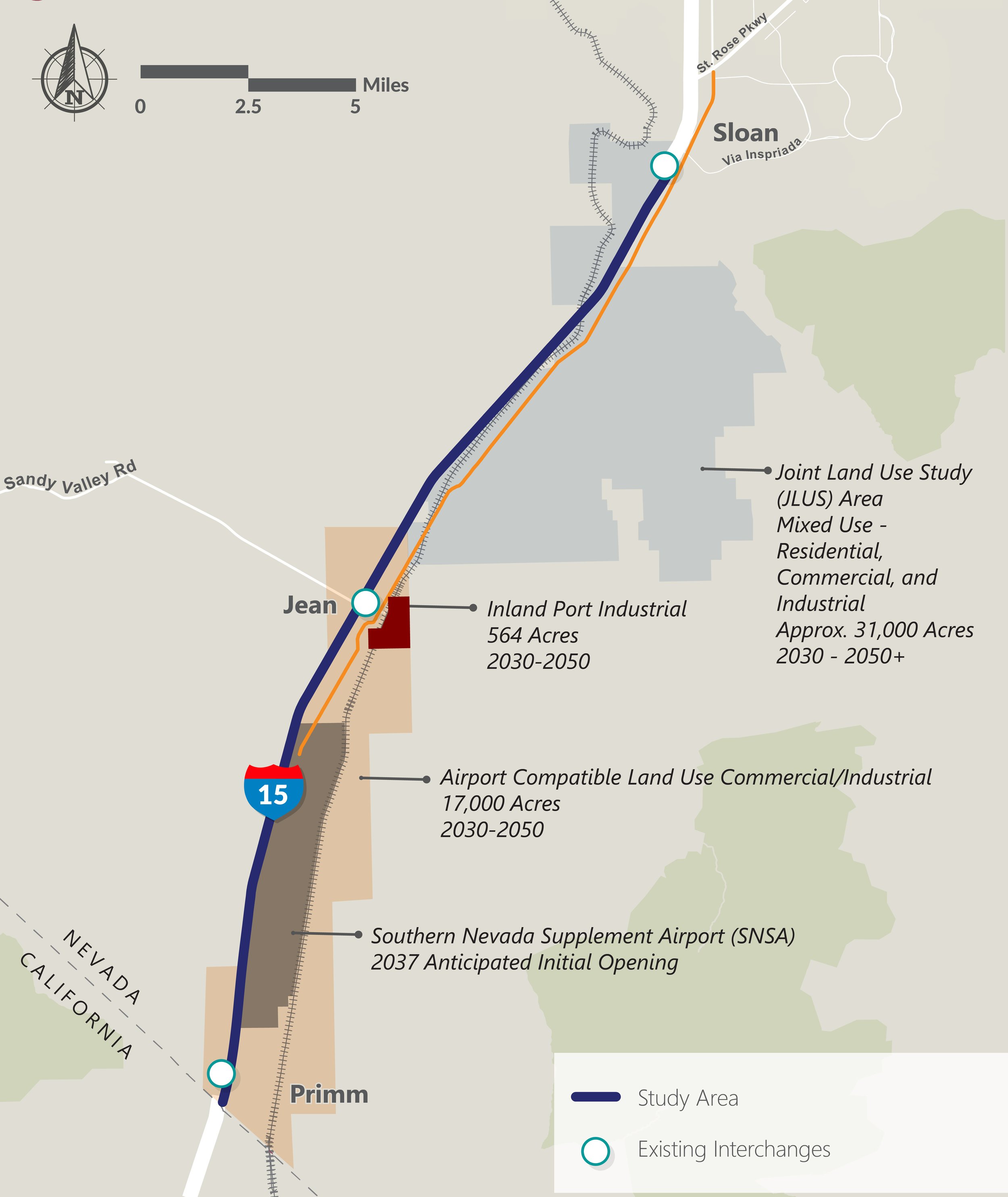 Map identifies potential development areas from the Clark County Lands Bill, BLM disposal boundary expansion, 17,000 acres of Airport Compatible Land Use, and a proposed inland port near I-15 and Jean.