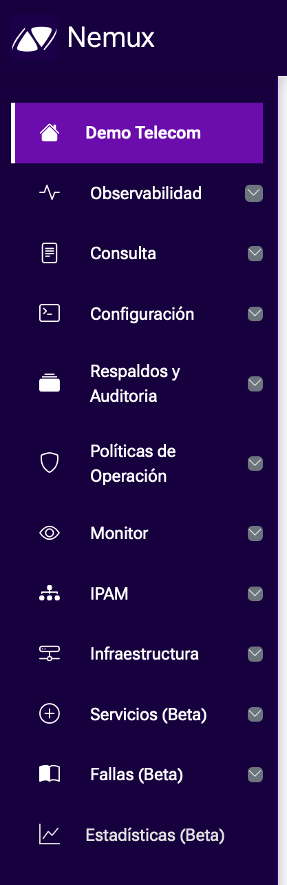 Menú lateral de una aplicación llamada Nemux con varias opciones de navegación en español, incluyendo Demo Telecom, Observabilidad, Consulta, Configuración, Respaldo y Auditoría, Políticas de Operación, Monitor, IPAM, Infraestructura, Servicios en beta, Fallas en beta y Estadísticas en beta.