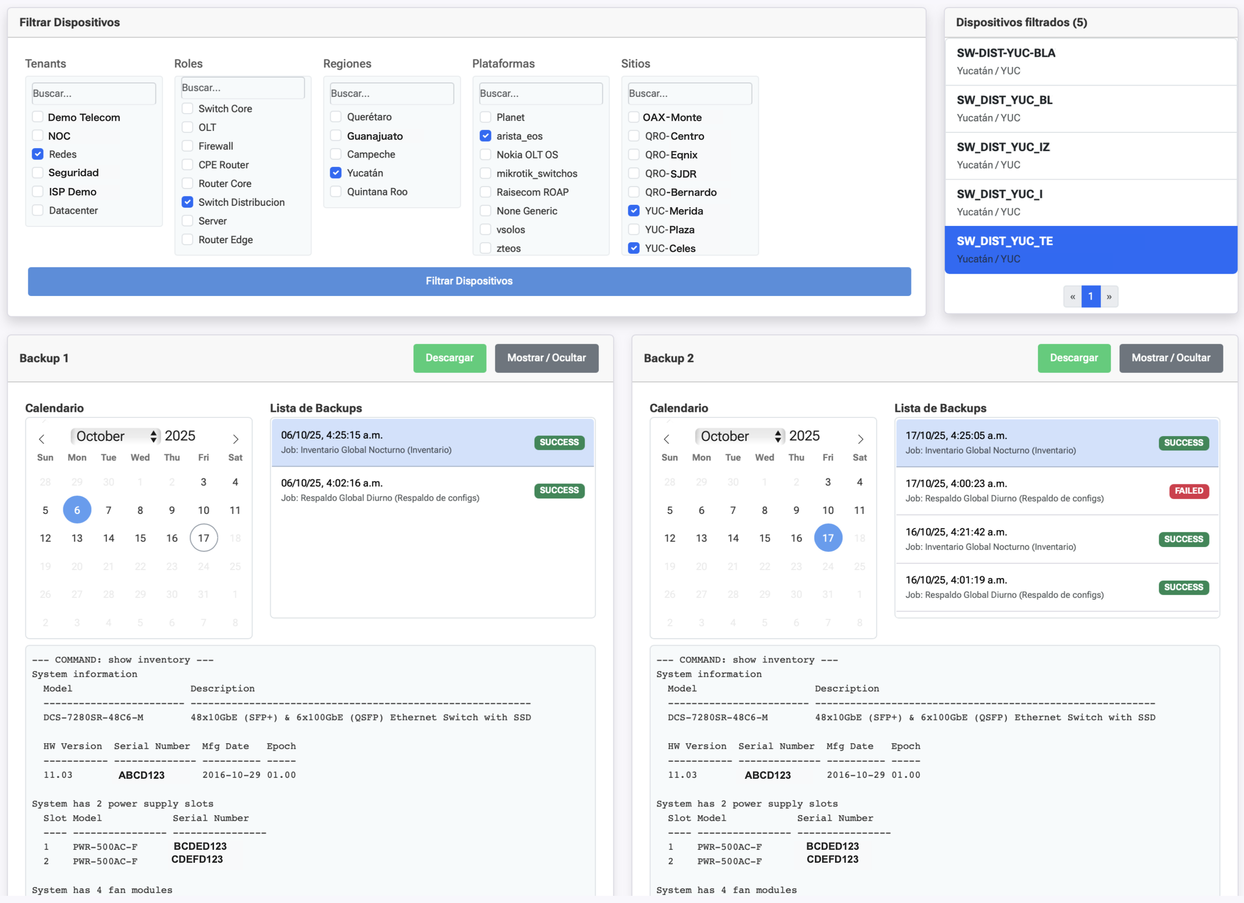 Captura de pantalla de una interfaz de software para filtrar dispositivos de red, con varias opciones seleccionadas, una columna de dispositivos filtrados y listados de copias de seguridad en calendario.