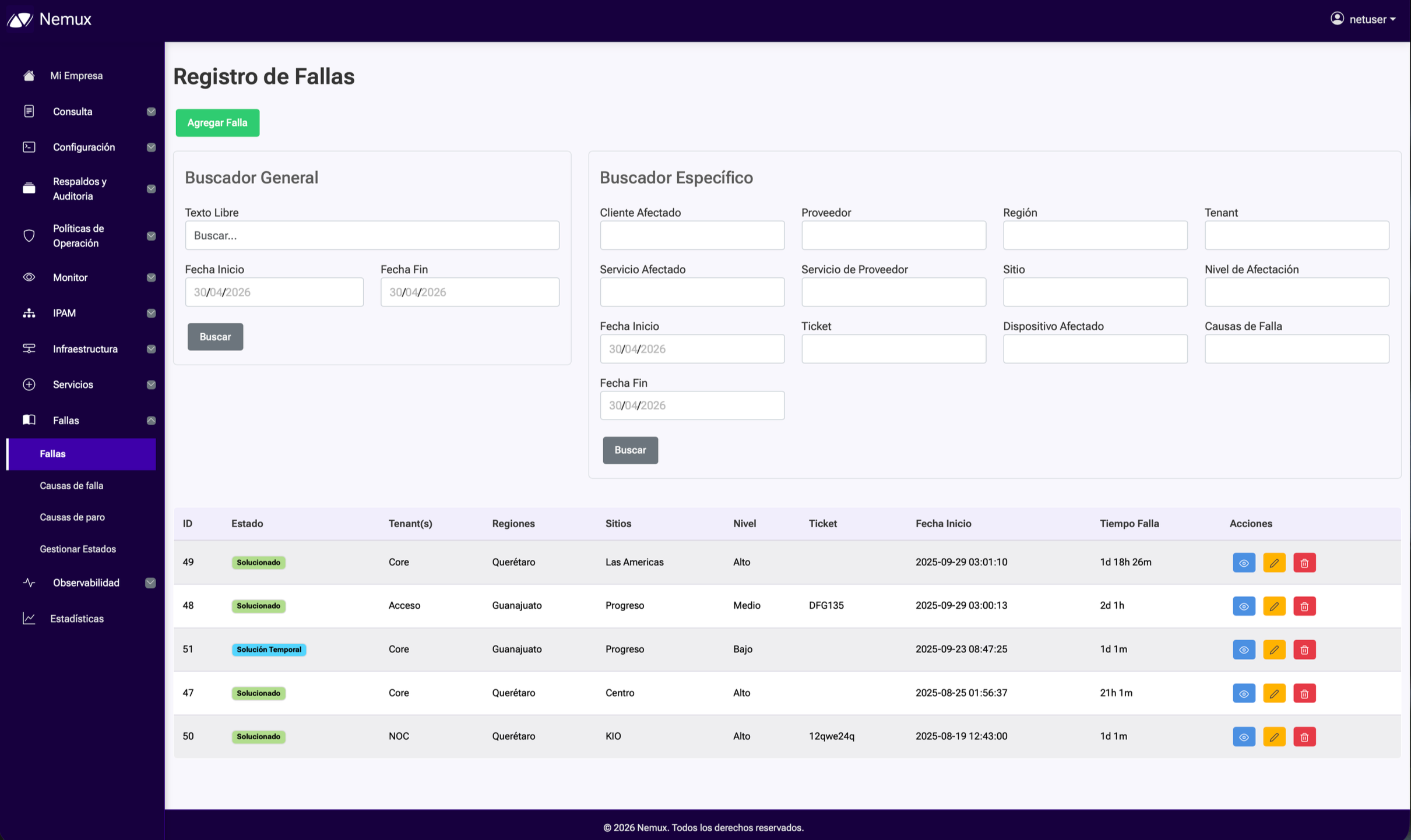 Pantalla de una interfaz de sistema con lista de fallas, opciones para agregar y buscar fallas, y detalles de fallas registradas, incluyendo estado de solución, cliente, región, sitio, nivel, ticket, fechas y acciones.