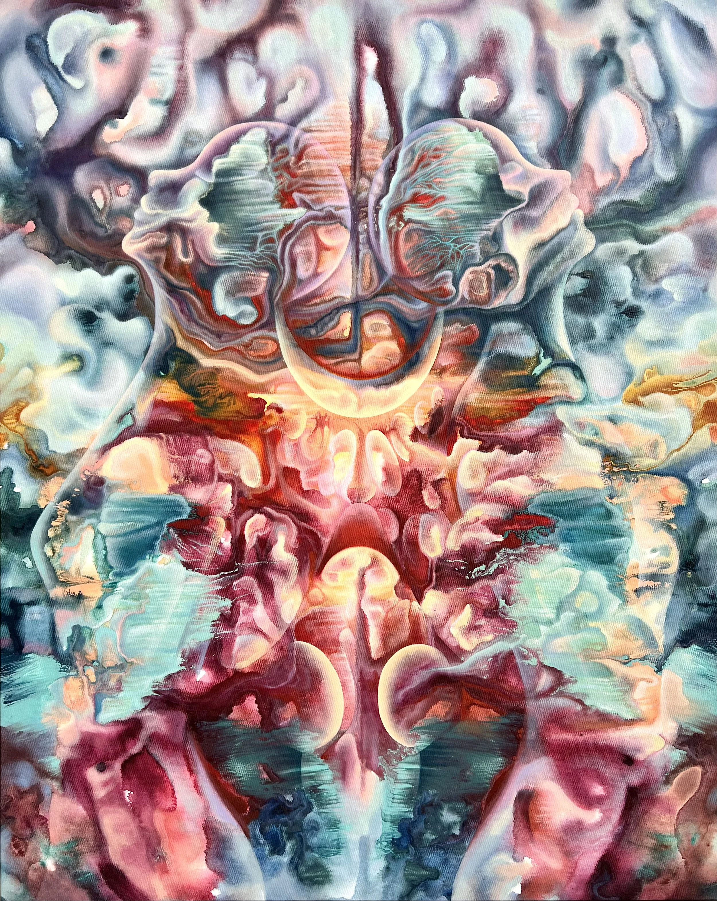 Roots that Touch the Sky, 2025, acrylic and oil on canvas, 152 × 122 cm.