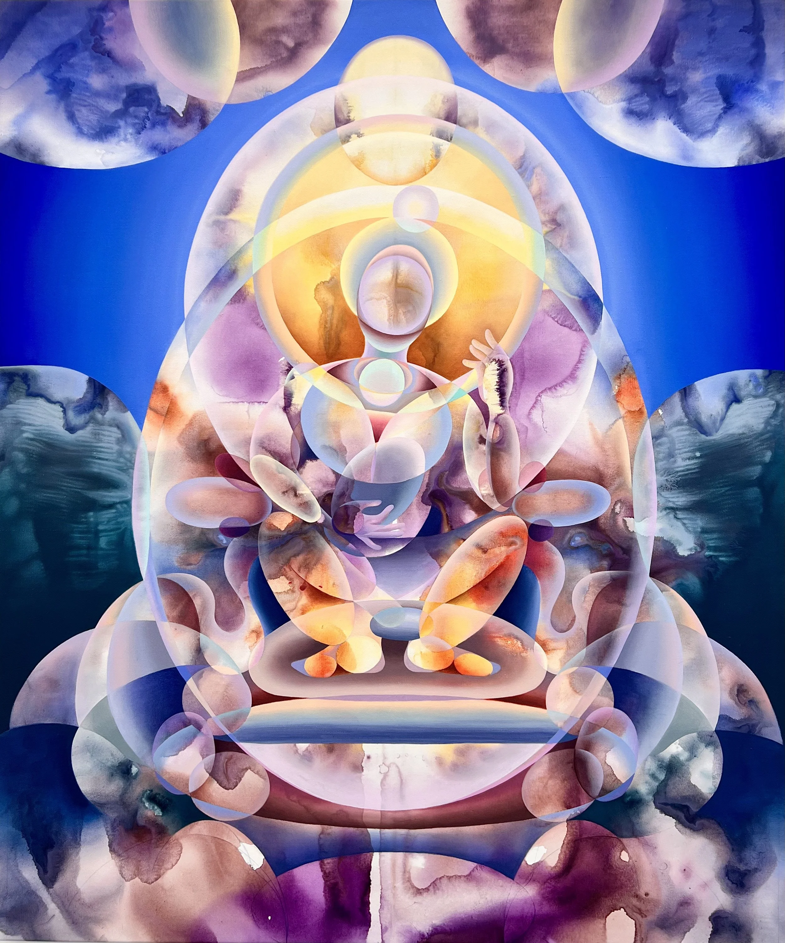 Echoes of Eternal Reverence, 2025, acrylic and oil on canvas, 155 × 130 cm.