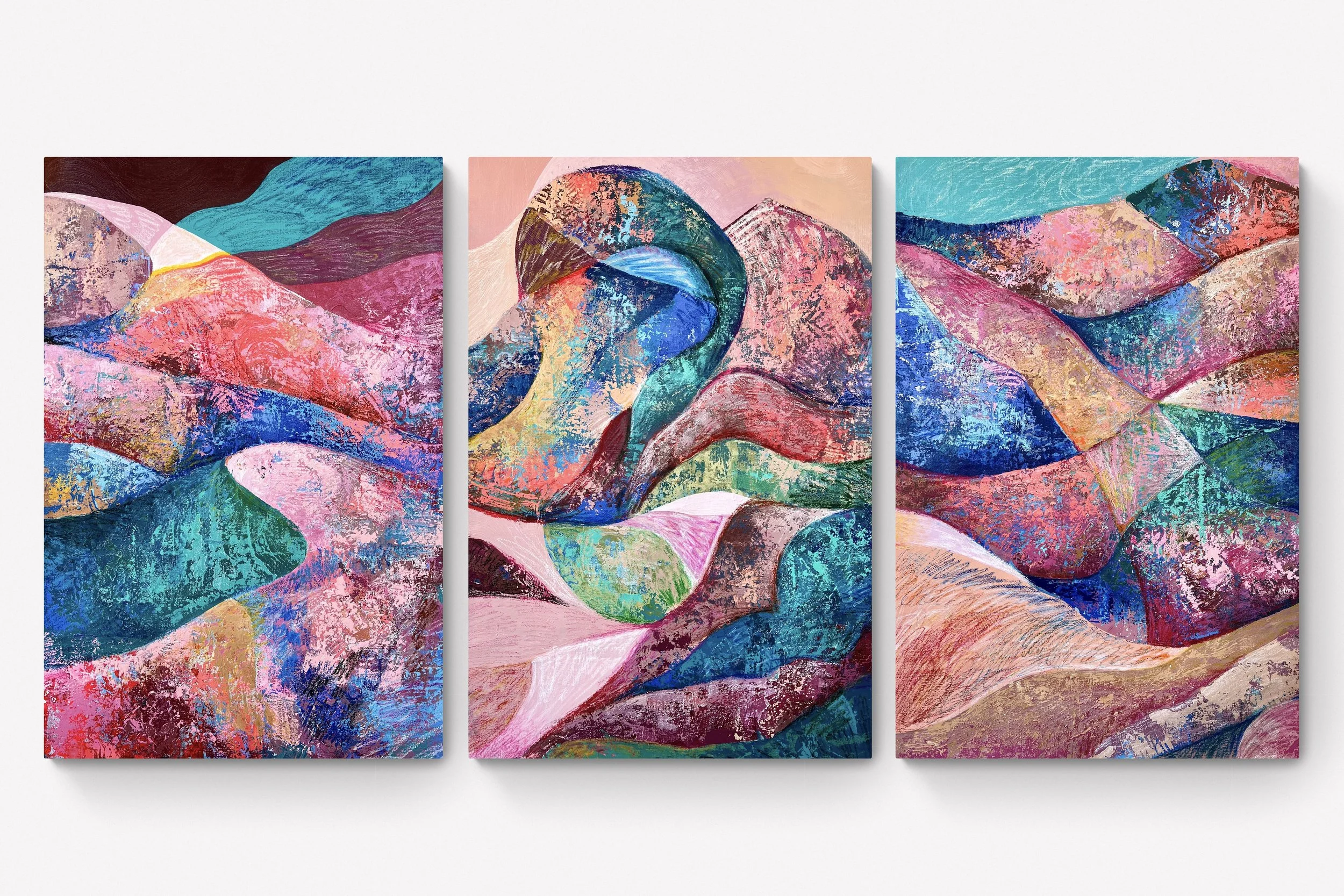 Dunes, 2022, acrylic and oil pastel on canvas, 84 x 56 cm each.