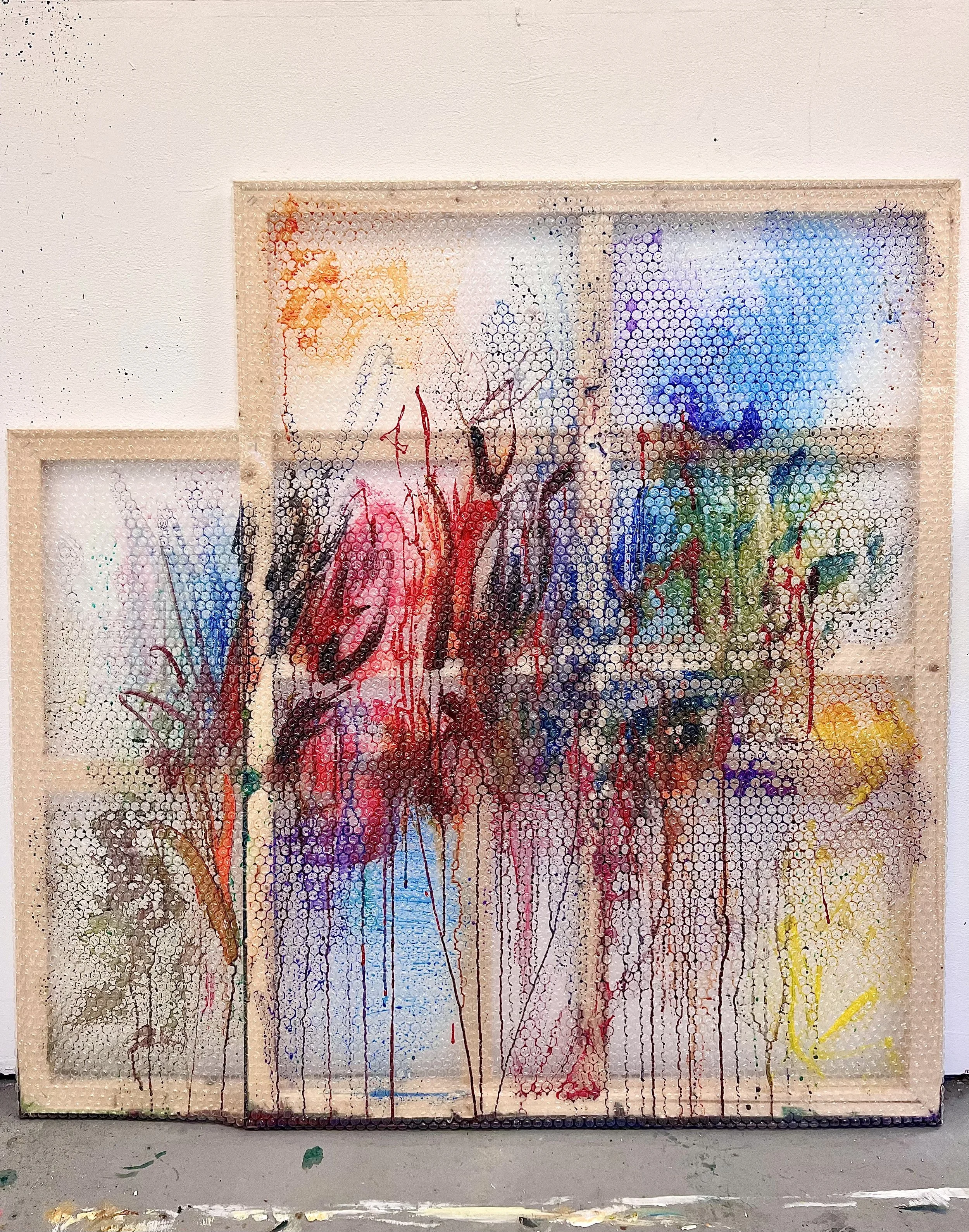 Everything I Never Told You, 2022,
acrylic and bubble wrap on stretchers, 101 × 101 cm.