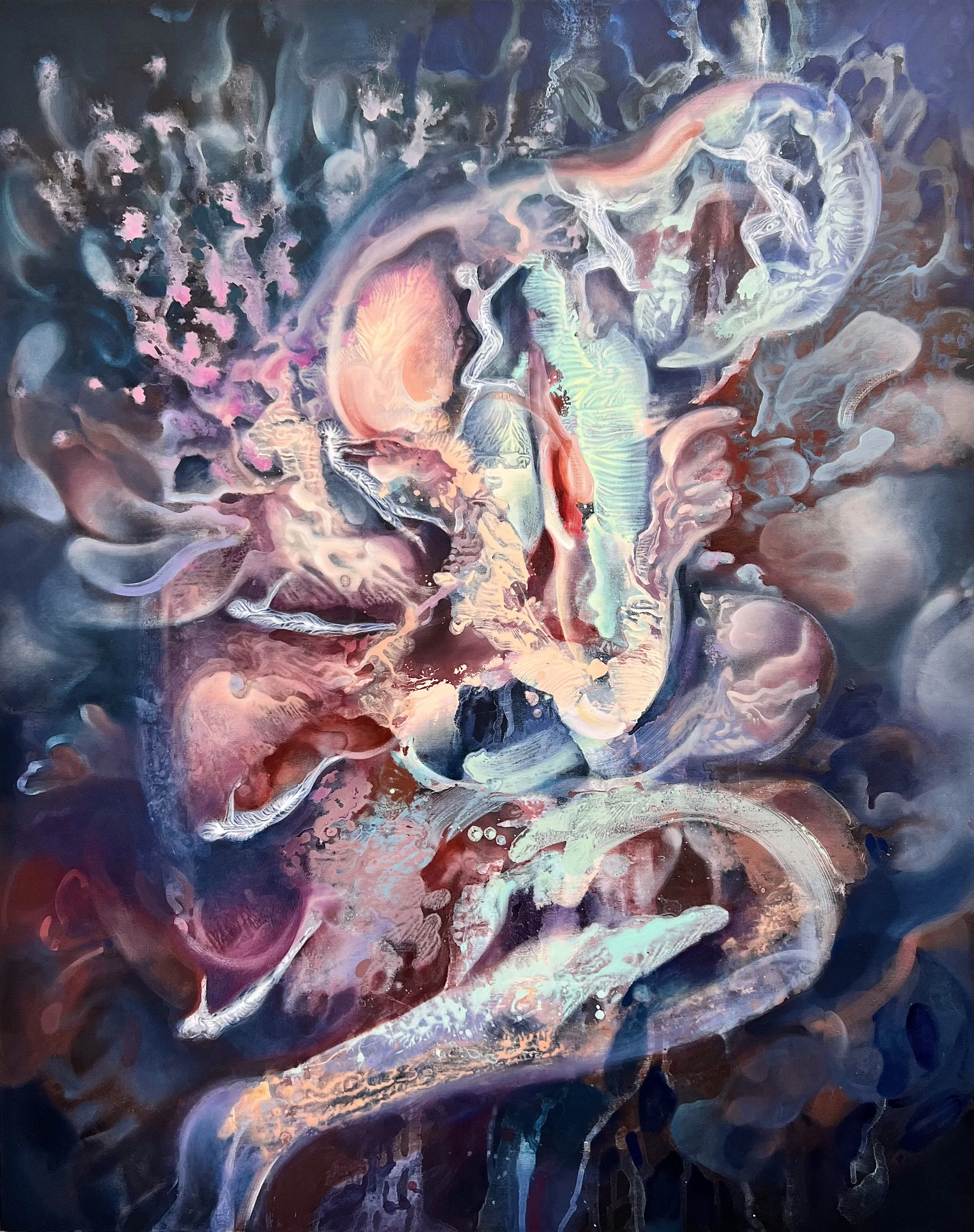 To Leap Beyond the Edge of Self, 2024, acrylic and oil on canvas, 152 × 122 cm.
