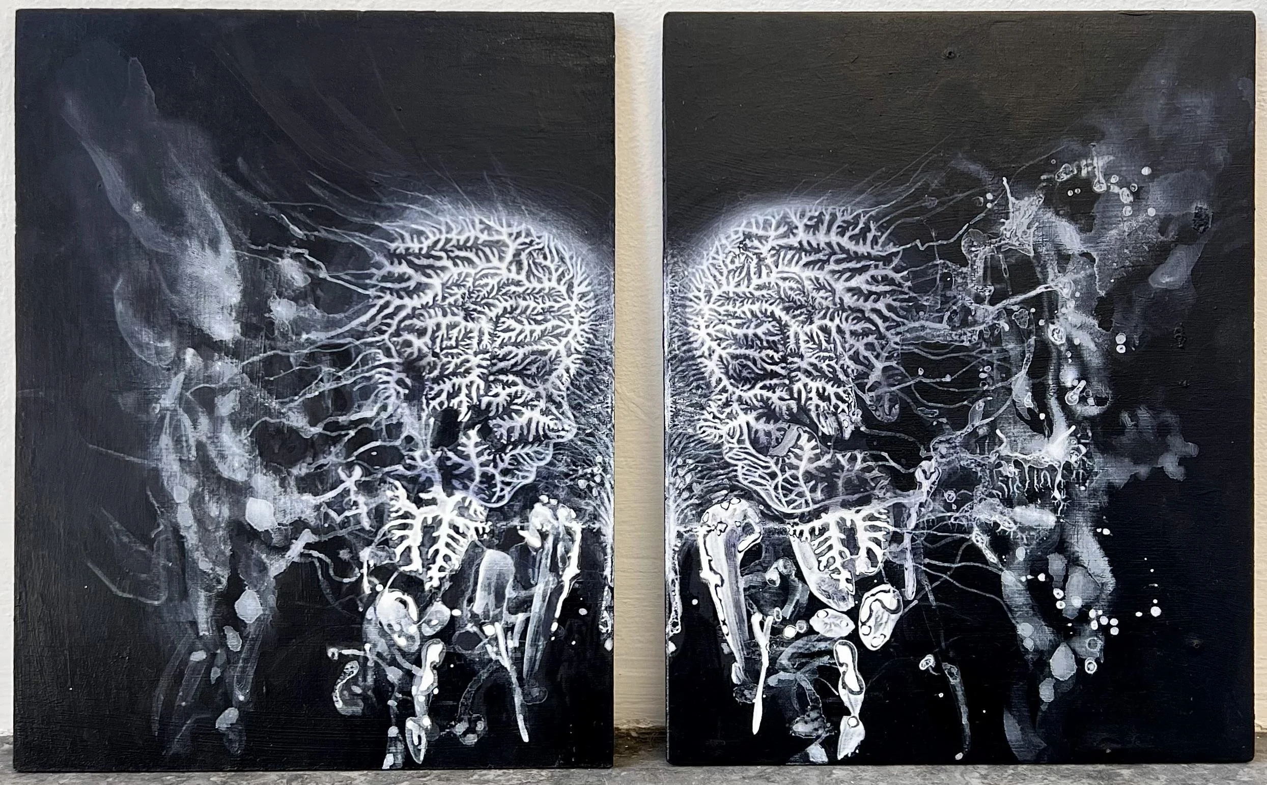 Limerence, 2024, acrylic on wooden panels, 
25.5 × 20 cm each.