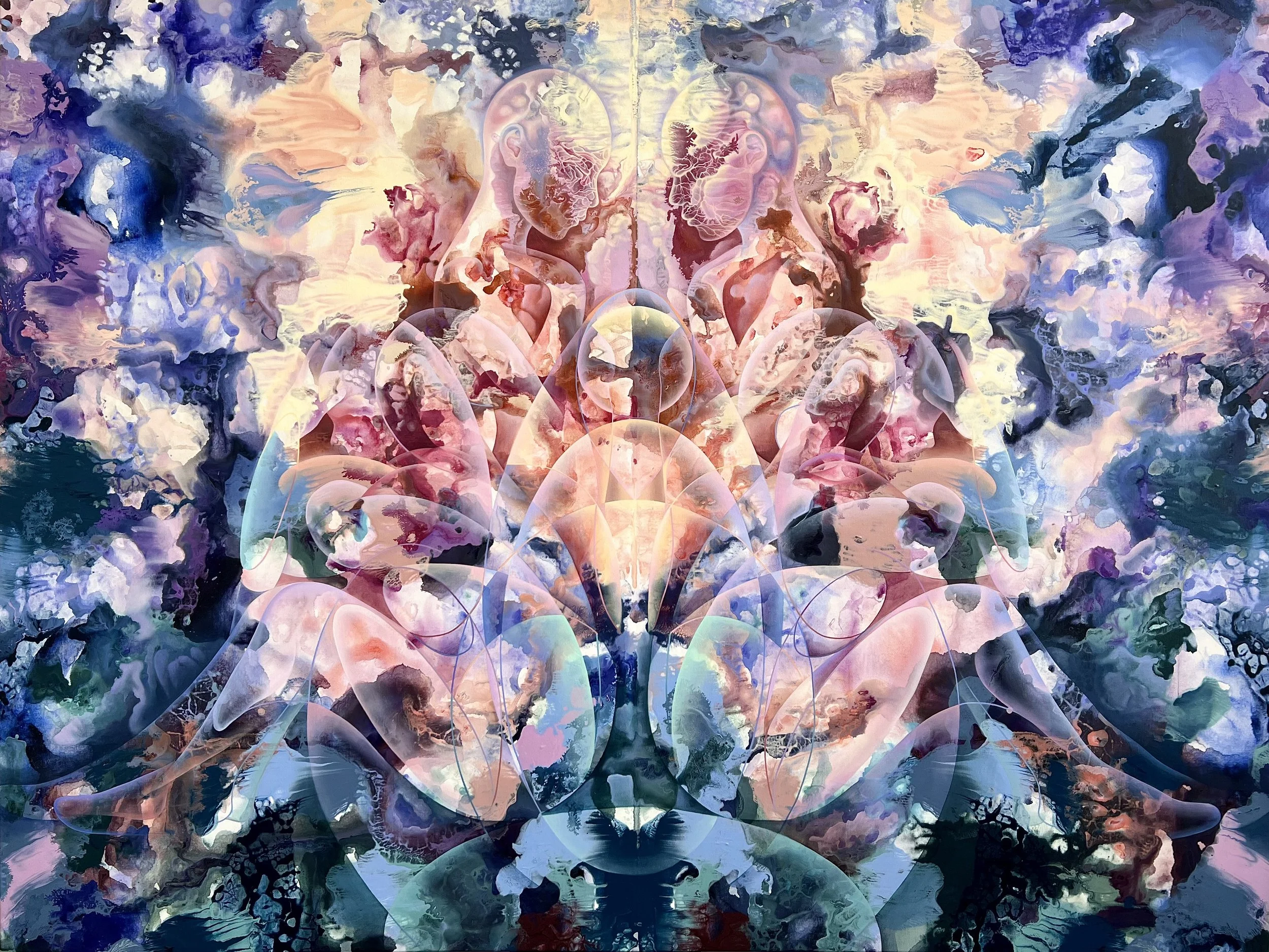 Intertwined Souls, 2025, acrylic and oil on canvas, 150 × 200 cm.