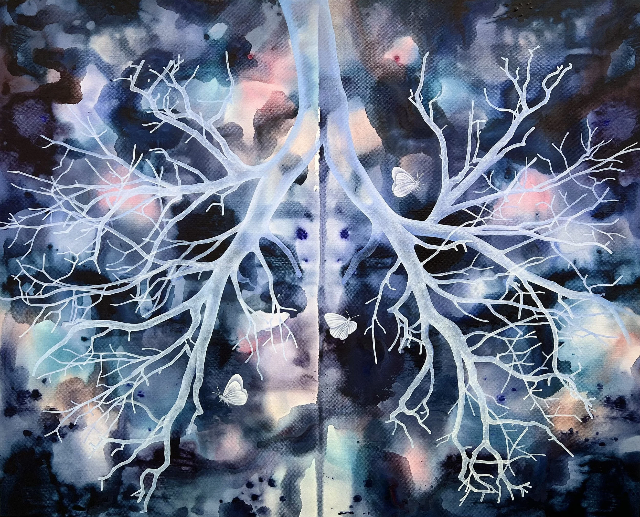 Flutters through My Breath, 2025, acrylic on canvas, 125 × 155 cm.