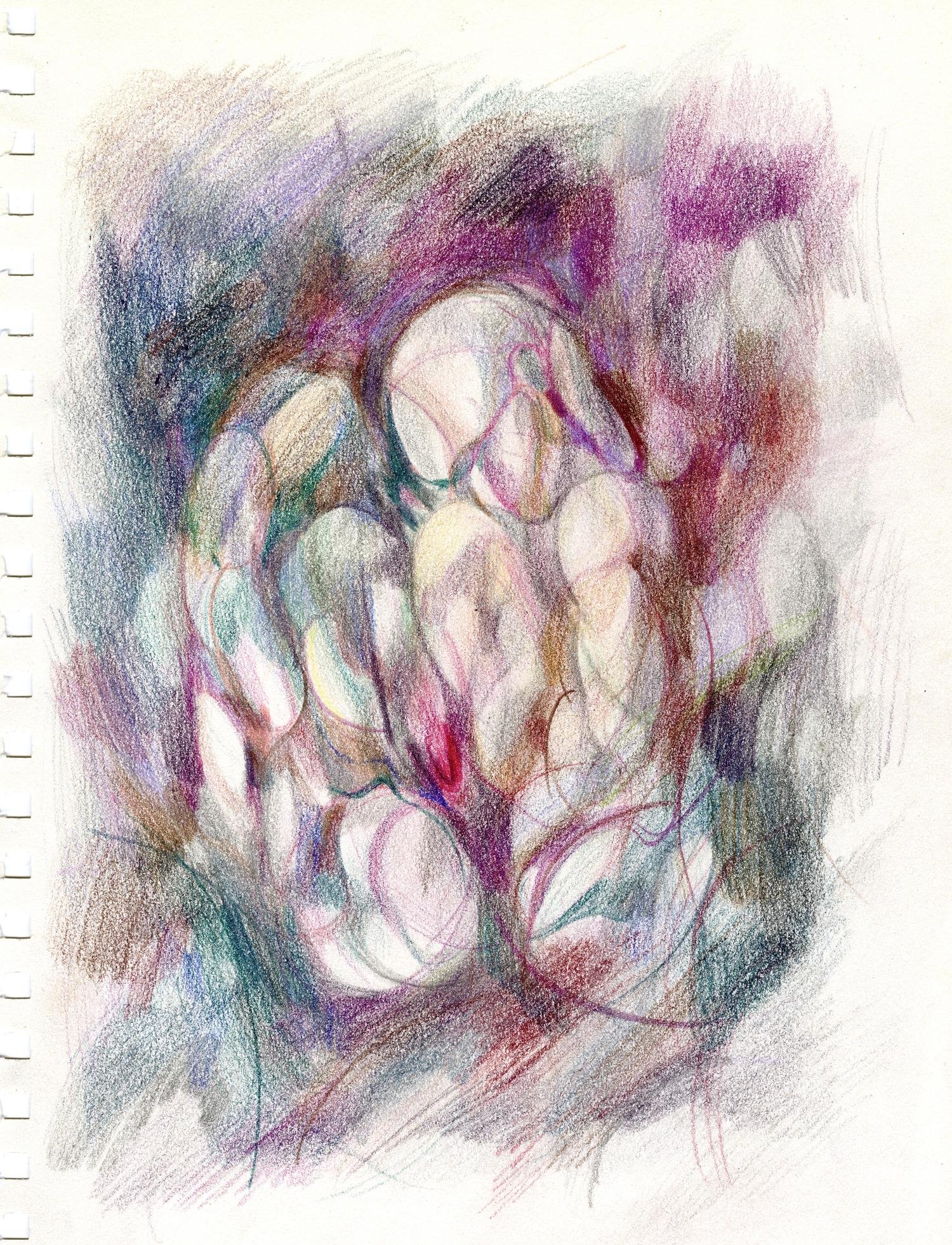 Sketch, coloured pencil on paper,  25 x 17.5 cm.