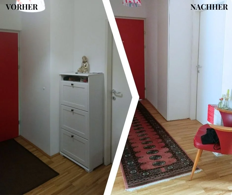 VORHER - Ein schmaler Flur mit wenig Stauraum. Ohne klares Konzept und mit begrenzten Möglichkeiten, Dinge ordentlich unterzubringen.

NACHHER - Ein maßgeschneiderter Einbauschrank schafft Stauraum, ohne den Raum zu dominieren. Die Farbe der Eingangs