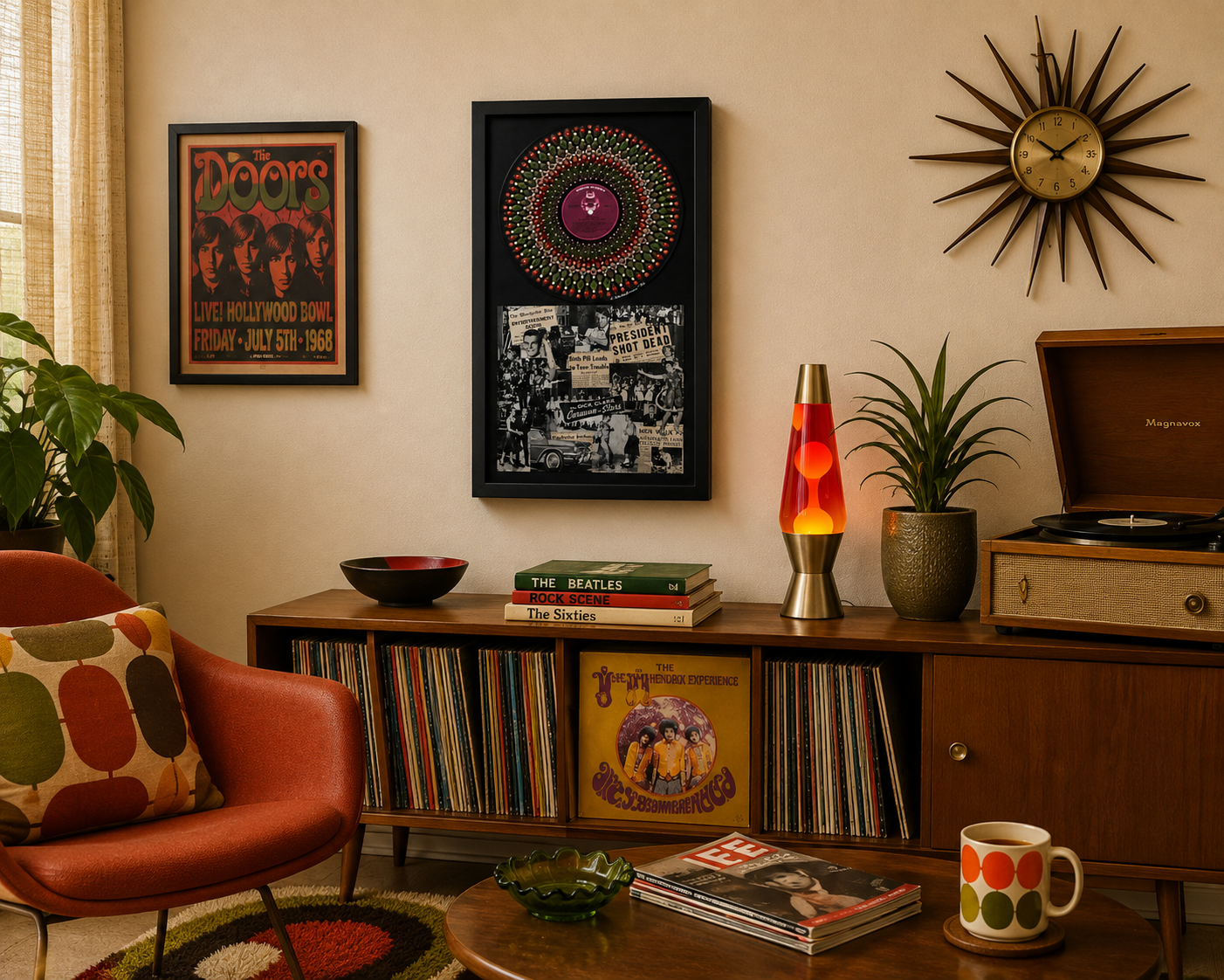 Framed Dick Clark 20 Years of Rock N’ Roll hand-painted vinyl artwork displayed in a warm mid-century music room above a vintage record console.