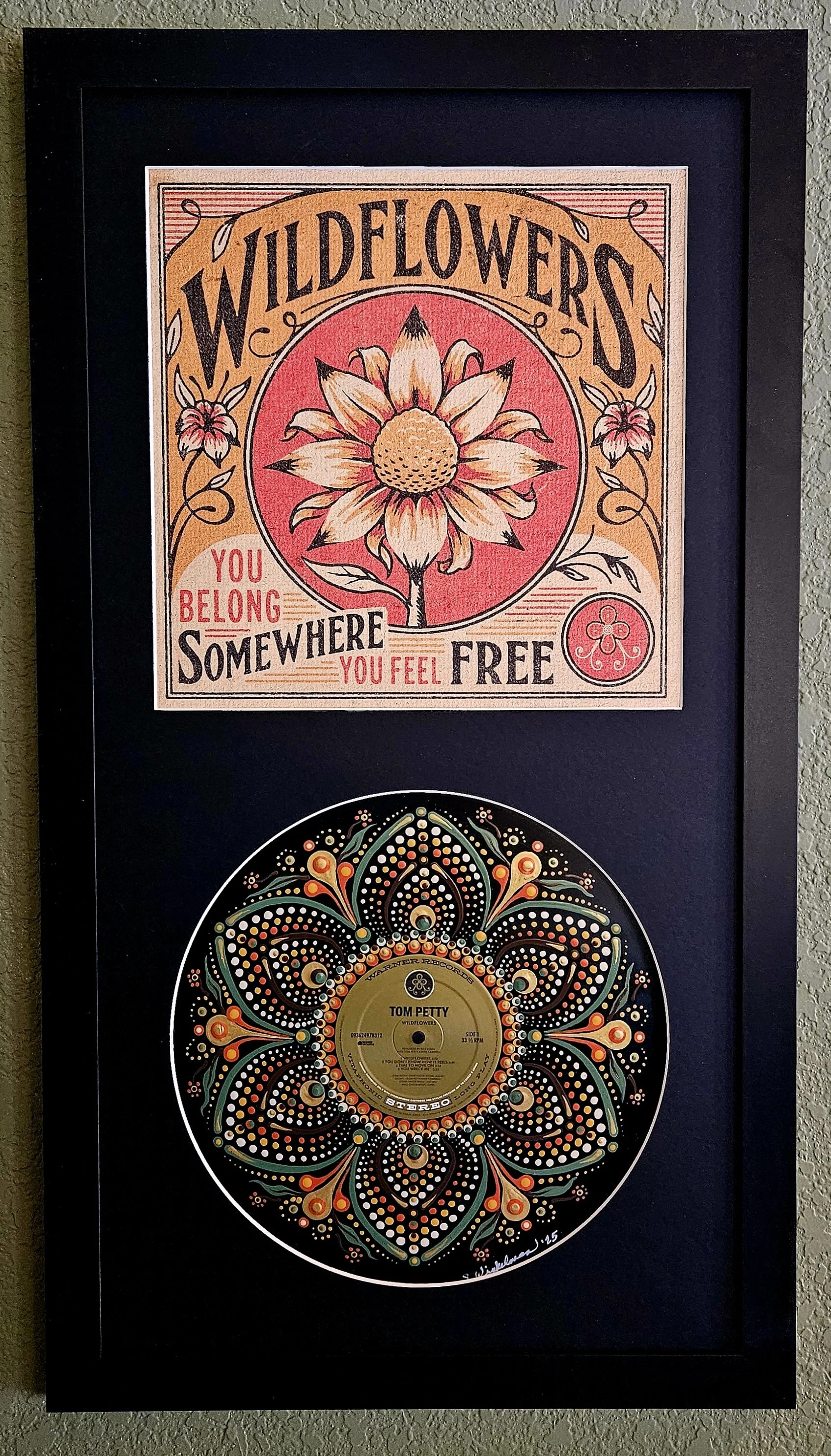 Tom Petty, Wildflowers framed with Large Dual Frame. Has the Wildflowers jacket insert with the painted vinyl art.