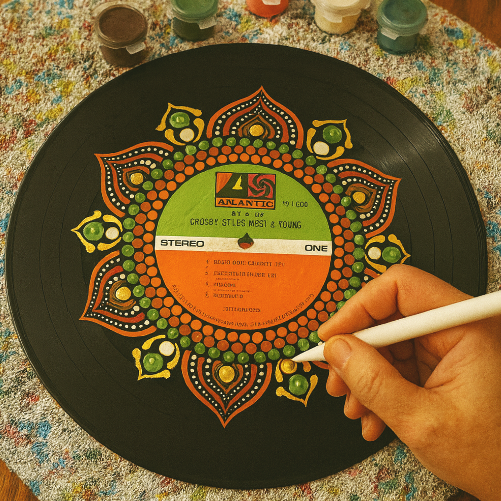 Creating hand-painted mandala art on a vinyl record