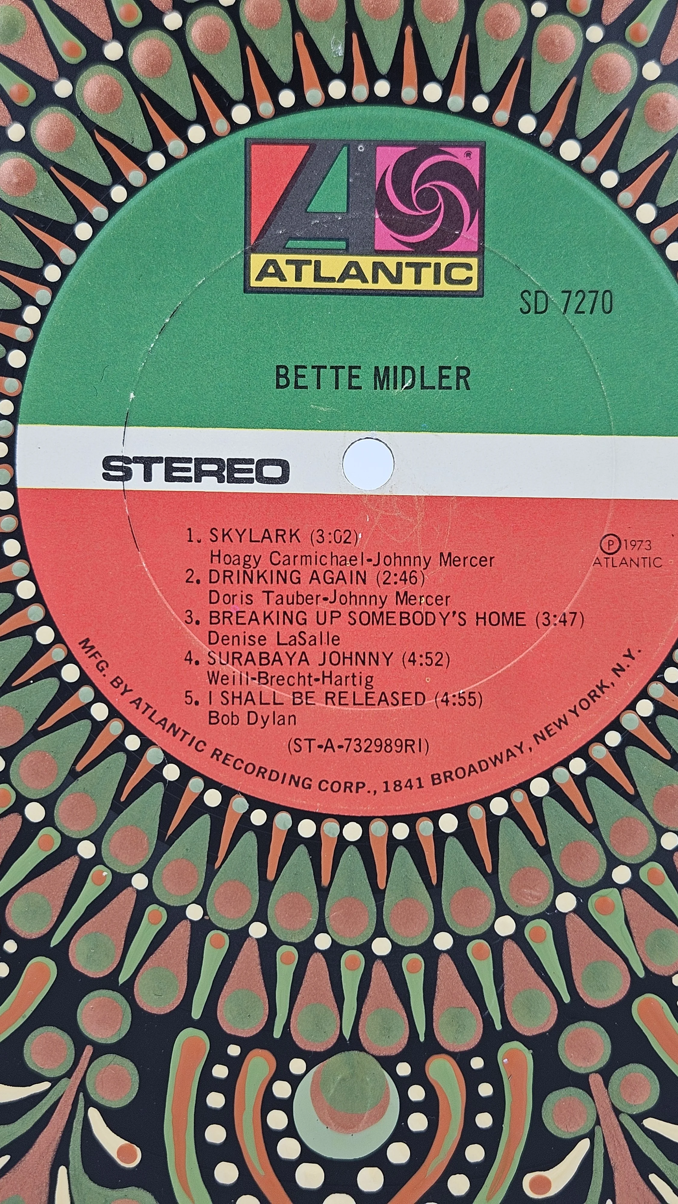 Close-up of the Bette Midler Atlantic Records label surrounded by hand-painted mandala artwork