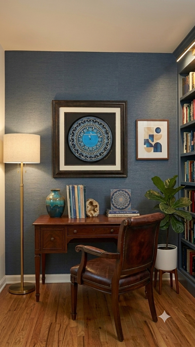 Framed A Flock of Seagulls “I Ran” hand-painted vinyl artwork displayed in a stylish music room with retro-inspired decor and warm contemporary furnishings.