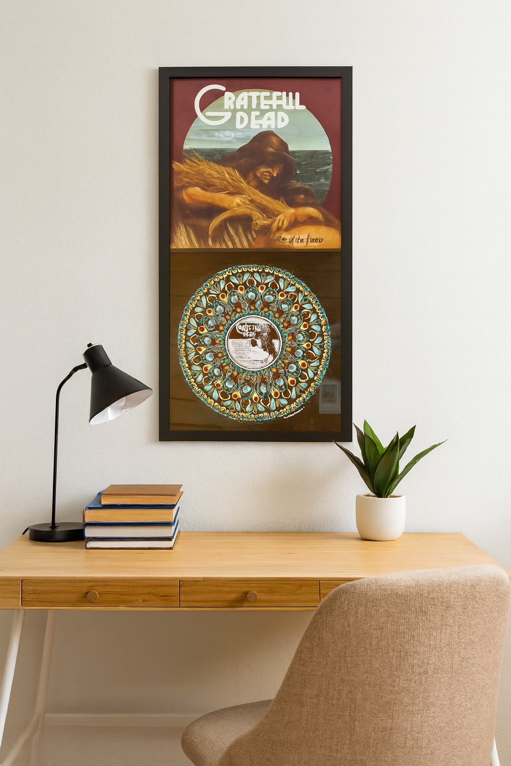 Hand-painted vinyl record wall art in framed room display