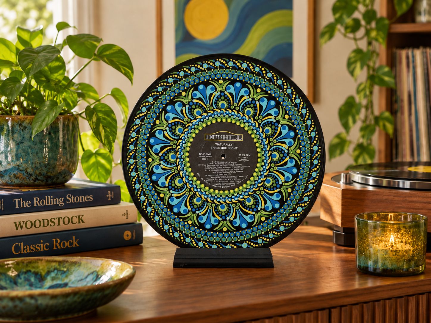 Close-up detail of blue, green, and yellow hand-painted mandala artwork on Three Dog Night Naturally vinyl record