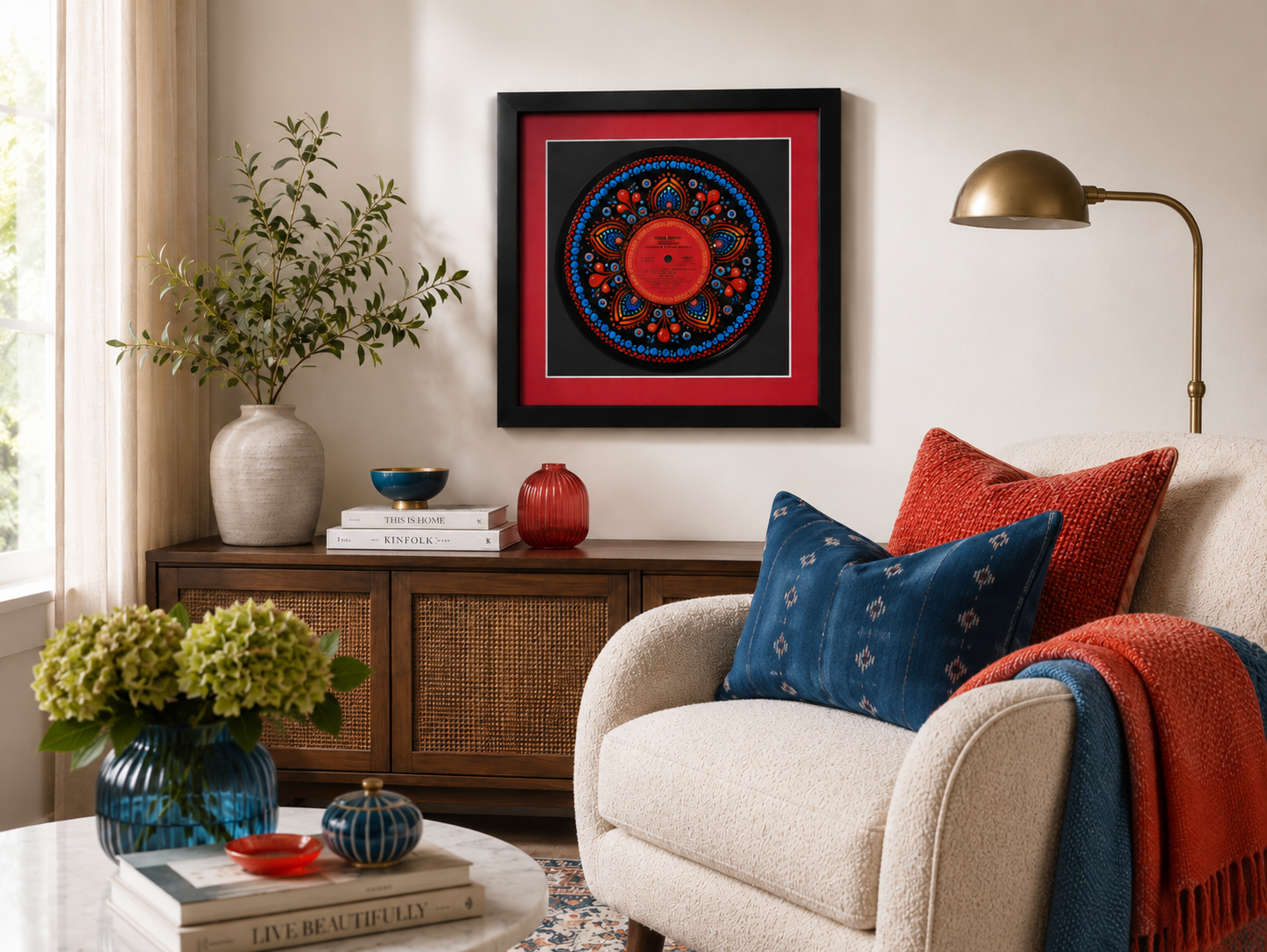Paul Simon vinyl record artwork displayed in a colorful contemporary living room