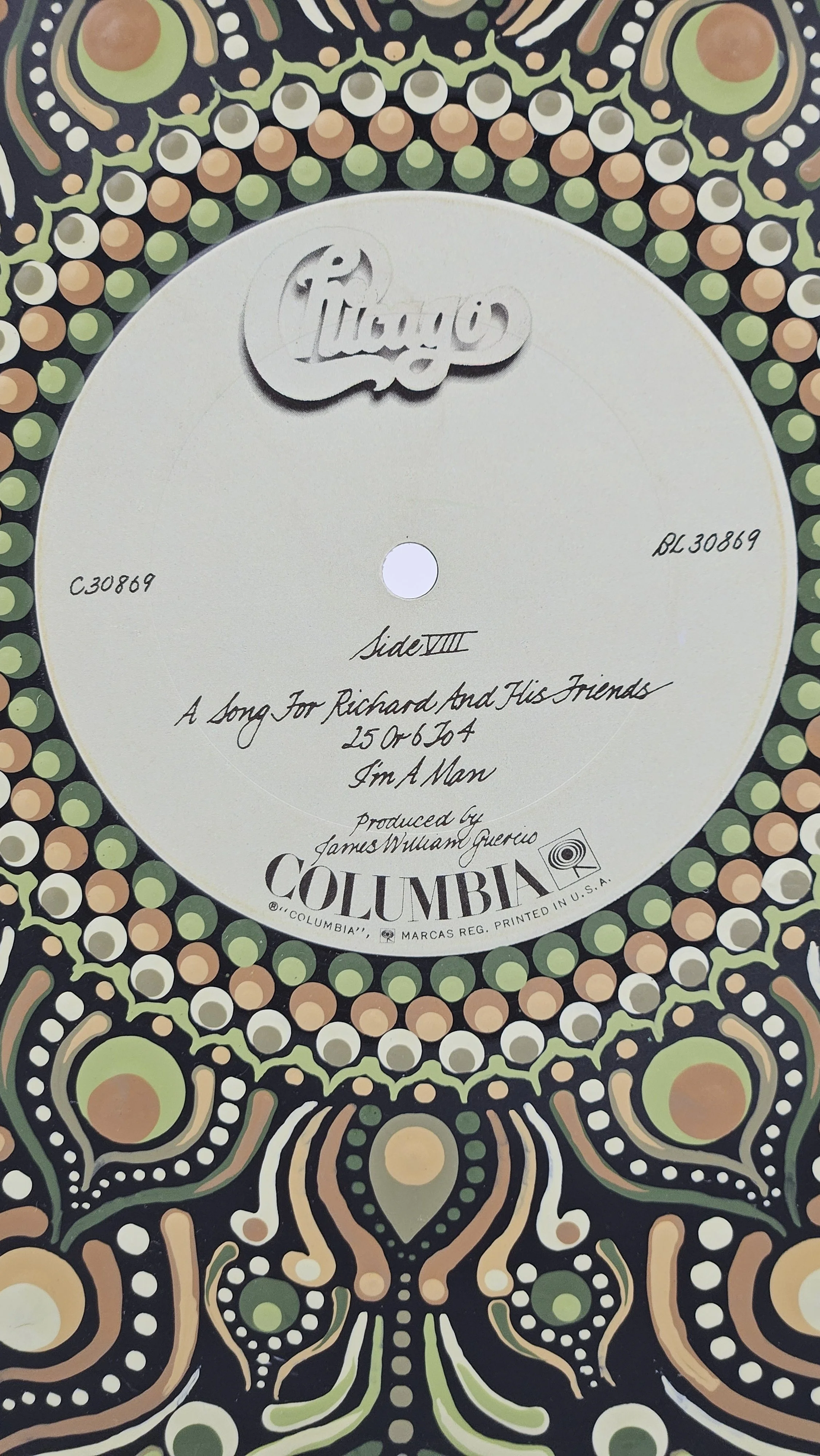 Close-up of Chicago At Carnegie Hall Side VIII Columbia record label surrounded by hand-painted mandala artwork