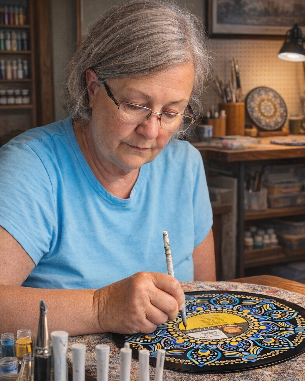 Hand-painting mandala artwork on a vinyl record