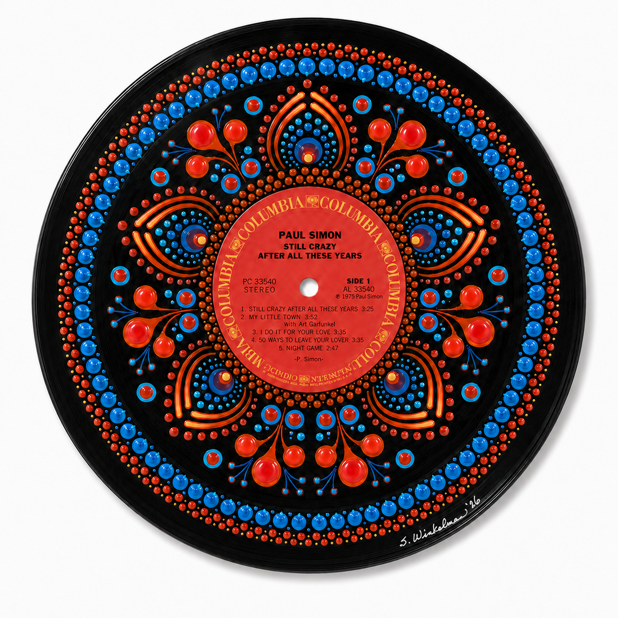 Hand-painted Paul Simon Still Crazy After All These Years vinyl record in red orange and blue