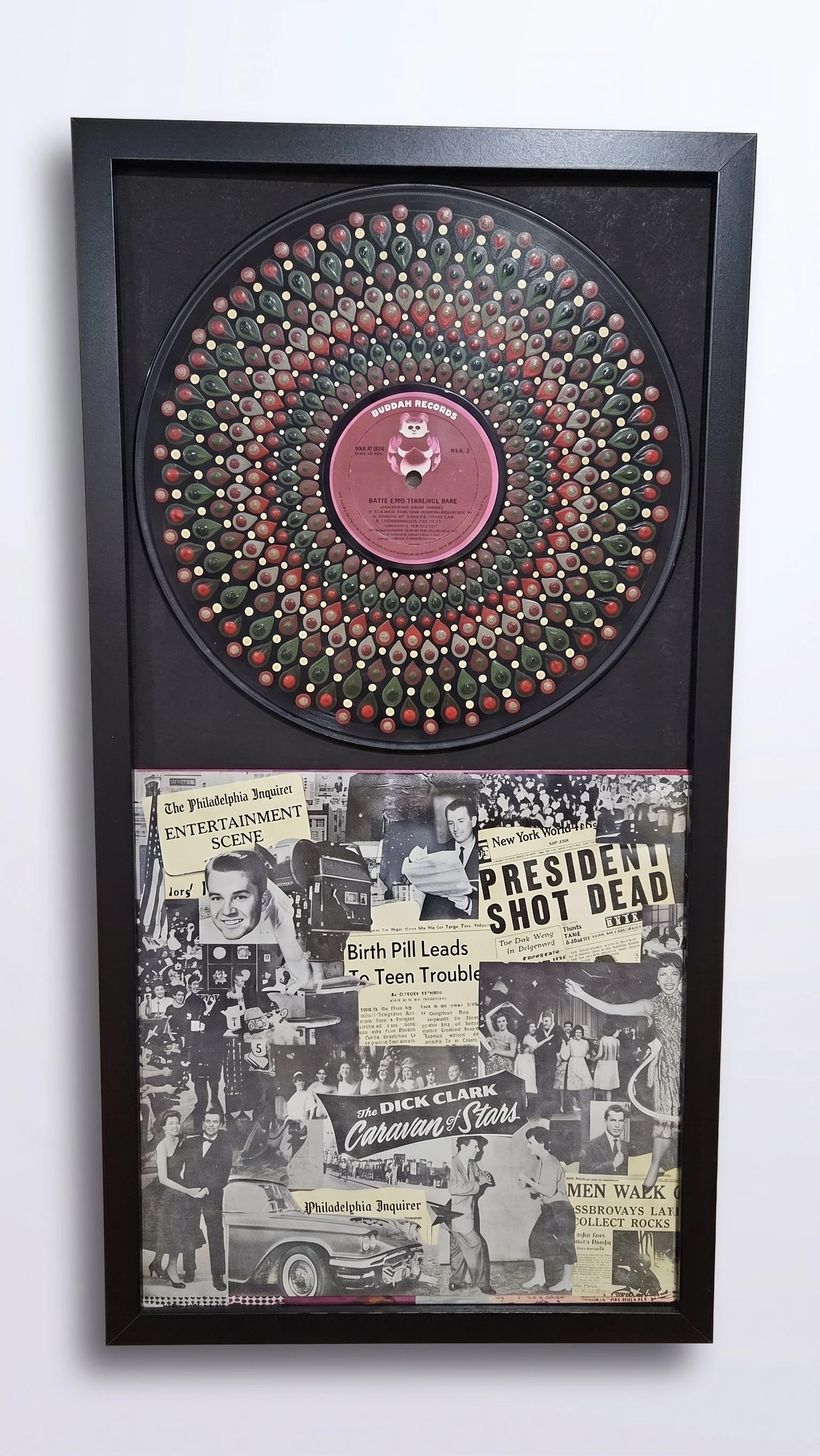 Hand-painted Dick Clark 20 Years of Rock N’ Roll vinyl record in a tall black frame with vintage black-and-white music and newspaper imagery below.