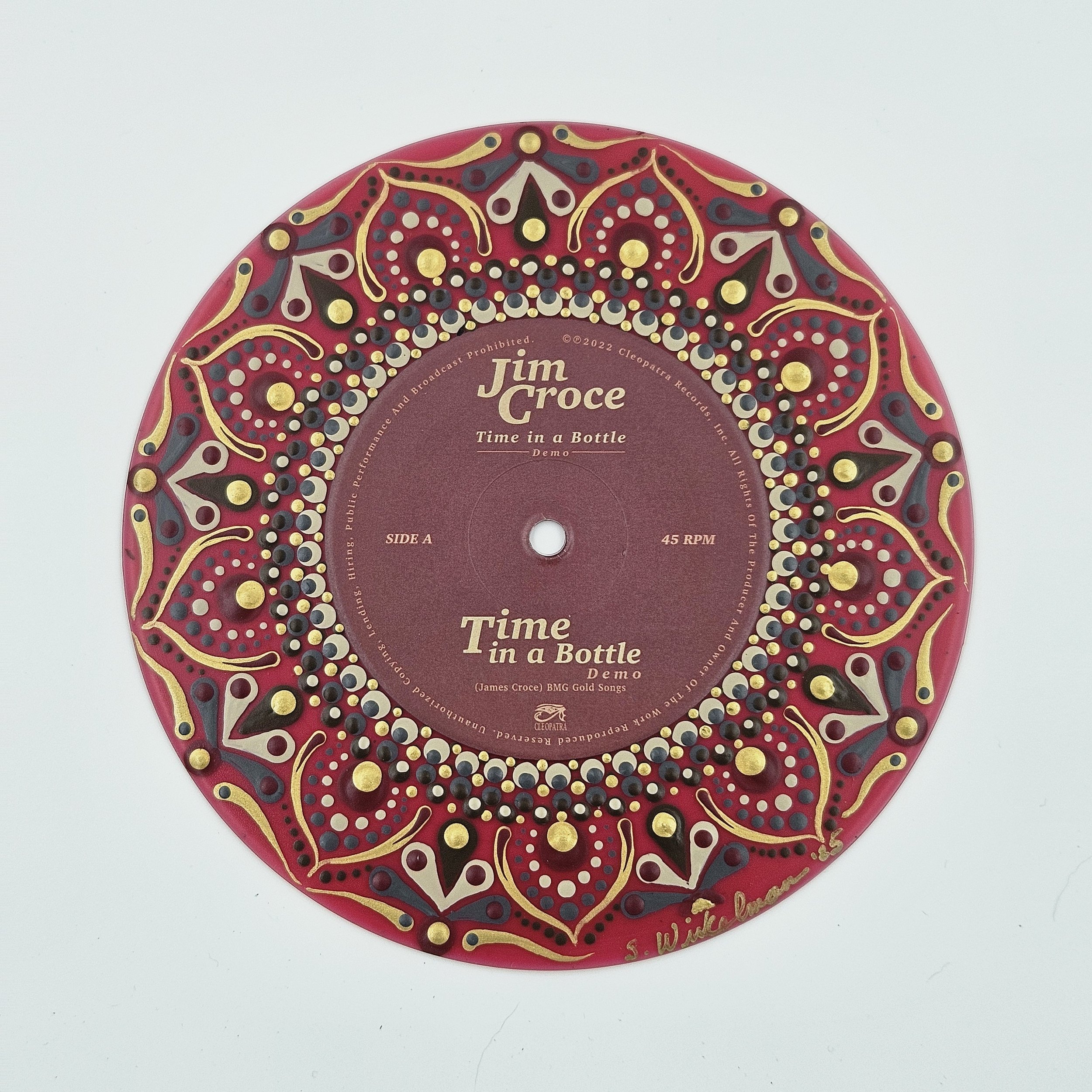 Jim Croce, Time in a Bottle painted 45 RPM record in reds and golds.