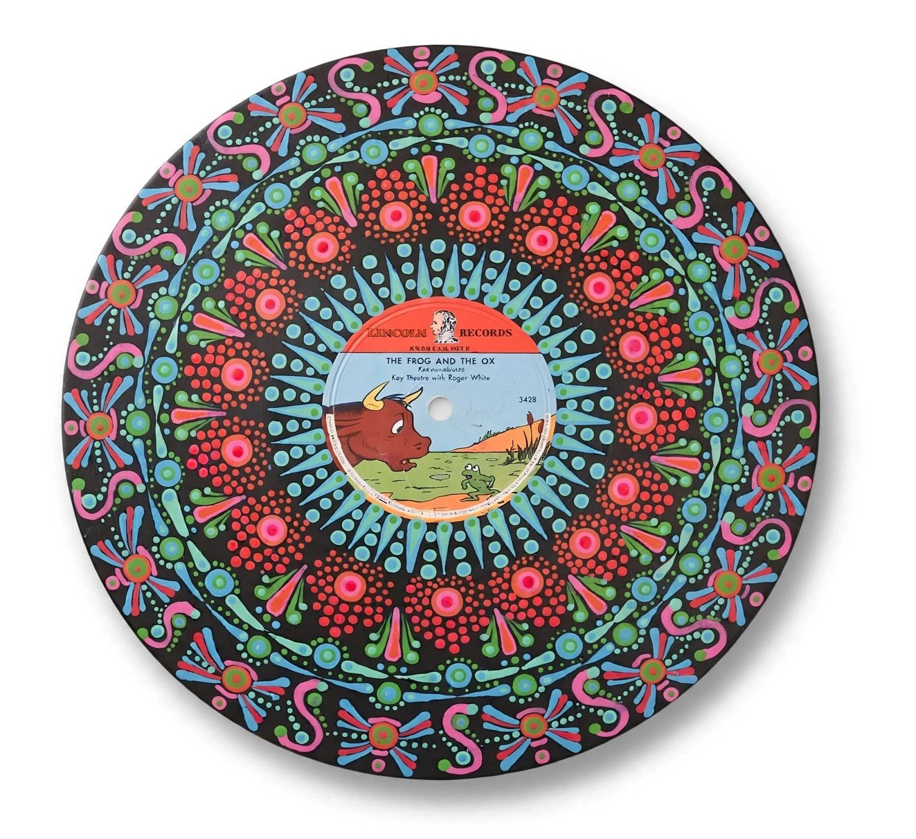 Hand-painted Frog and the Ox vinyl record in turquoise pink coral and green